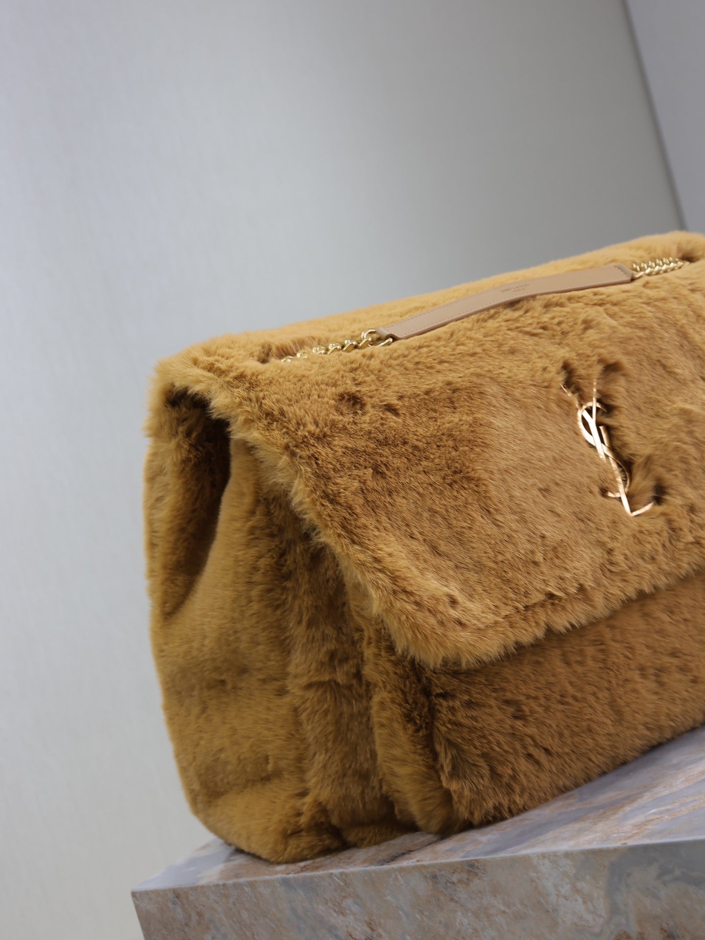 SAINT LAURENT NIKI 47 IN CINNAMON BROWN RABBIT FUR GOLD HARDWARE