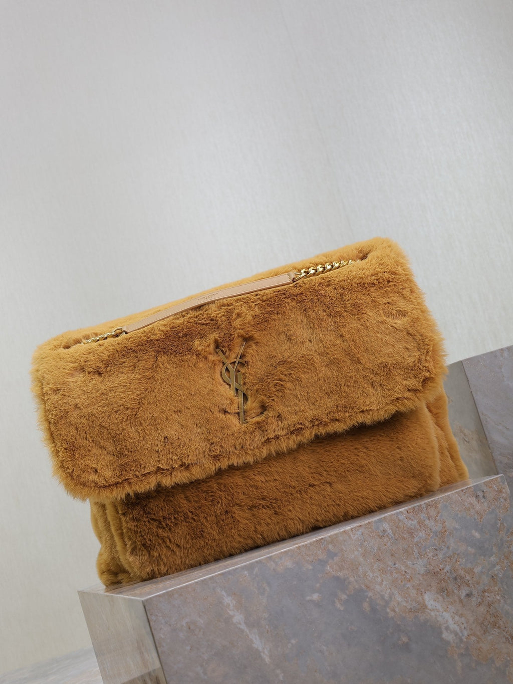 SAINT LAURENT NIKI 47 IN CINNAMON BROWN RABBIT FUR GOLD HARDWARE