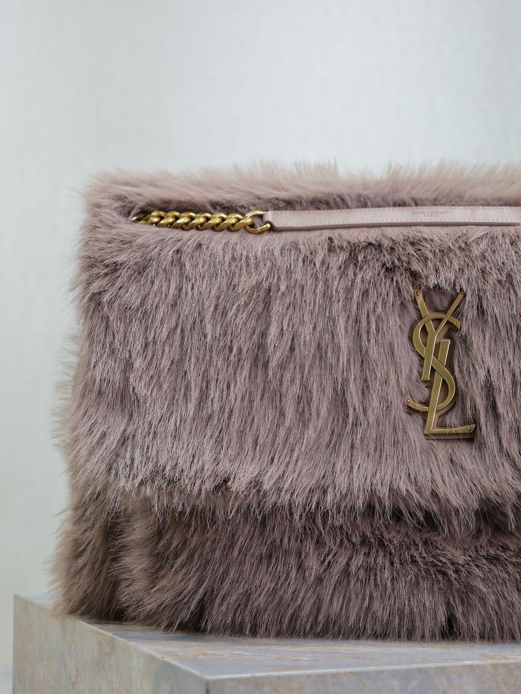 SAINT LAURENT NIKI 47 IN LIGHT PURPLE RABBIT FUR GOLD HARDWARE
