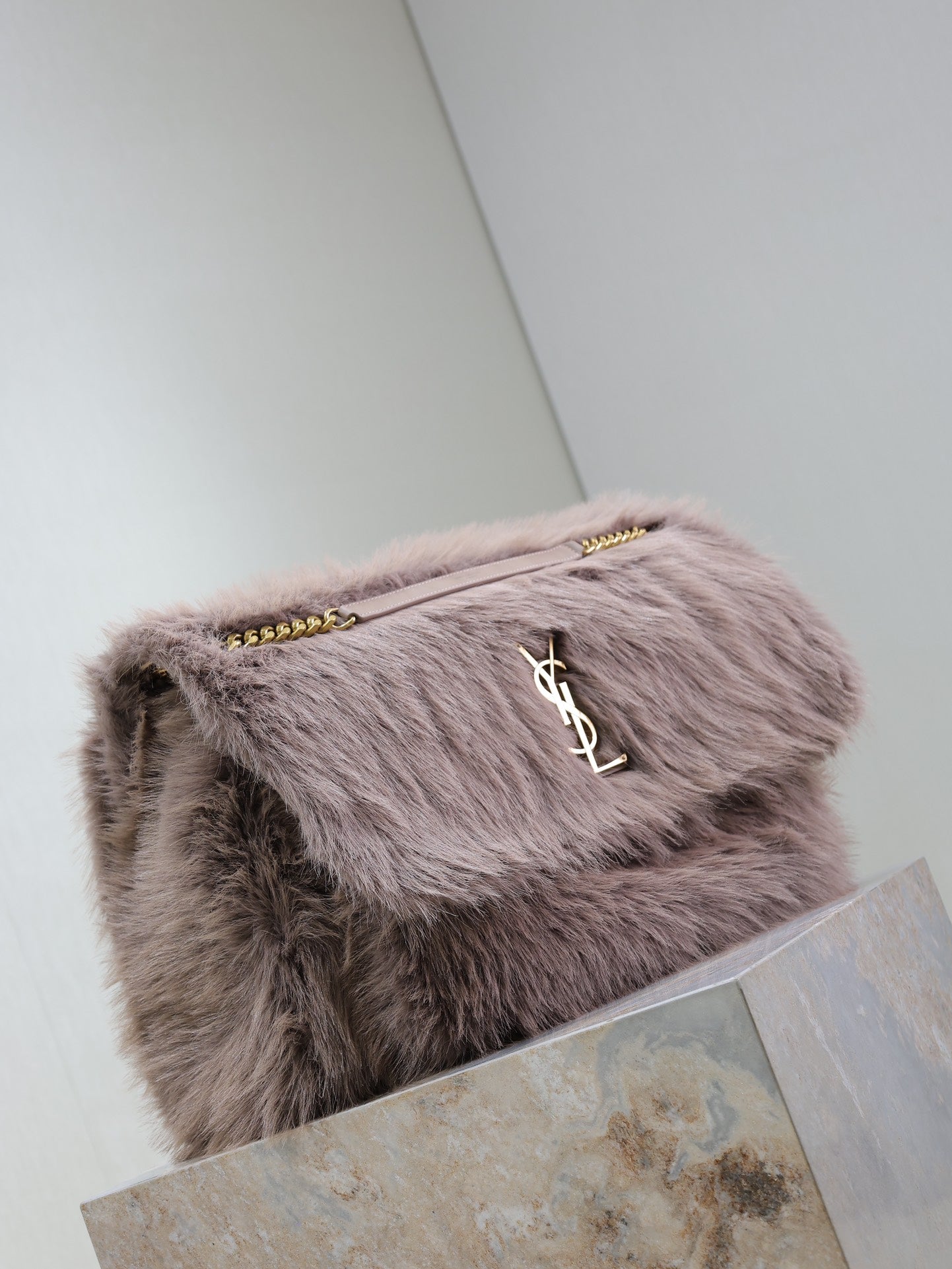SAINT LAURENT NIKI 47 IN LIGHT PURPLE RABBIT FUR GOLD HARDWARE