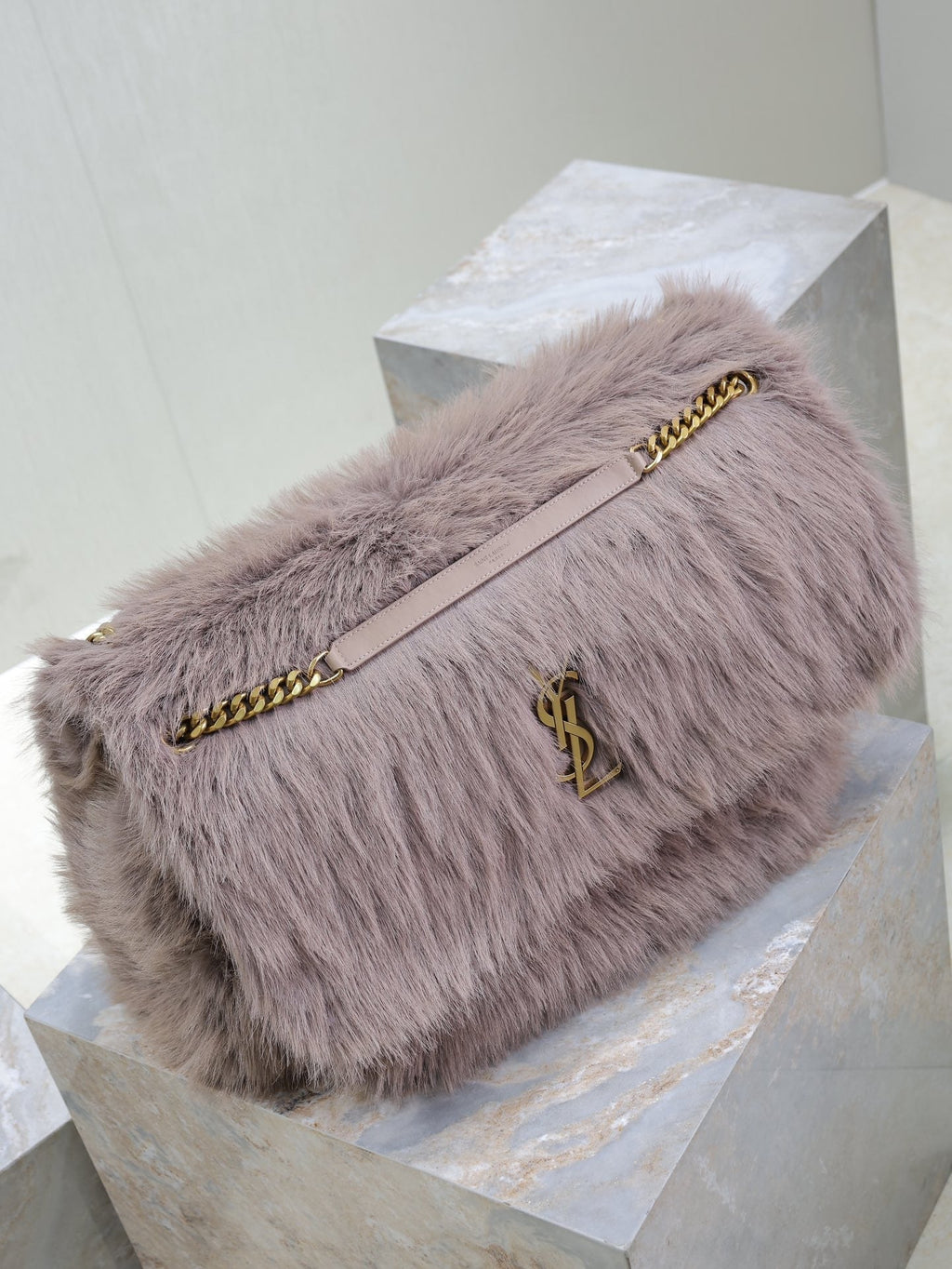 SAINT LAURENT NIKI 47 IN LIGHT PURPLE RABBIT FUR GOLD HARDWARE