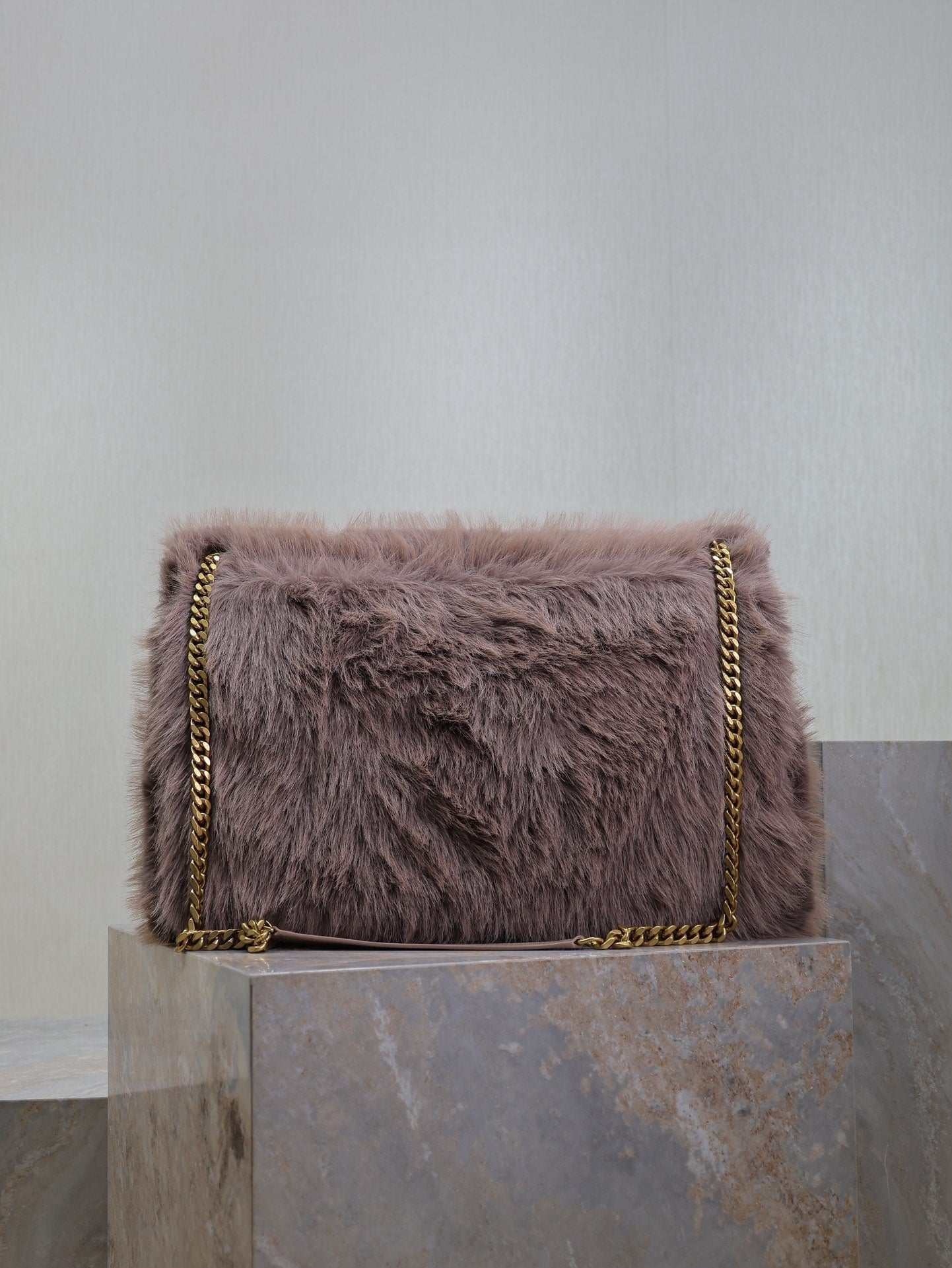 SAINT LAURENT NIKI 47 IN LIGHT PURPLE RABBIT FUR GOLD HARDWARE