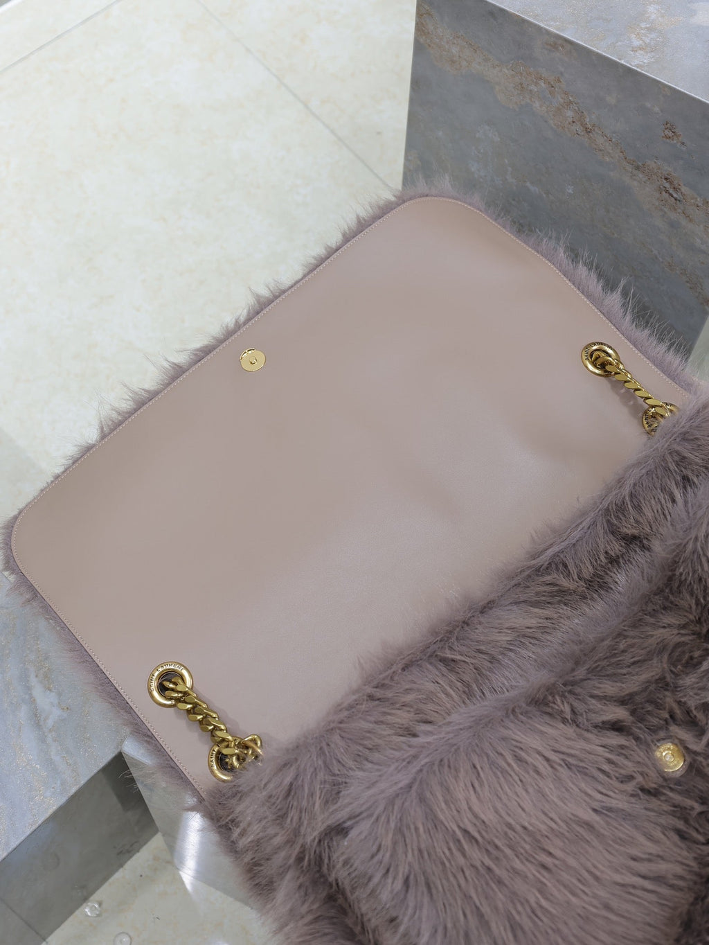 SAINT LAURENT NIKI 47 IN LIGHT PURPLE RABBIT FUR GOLD HARDWARE