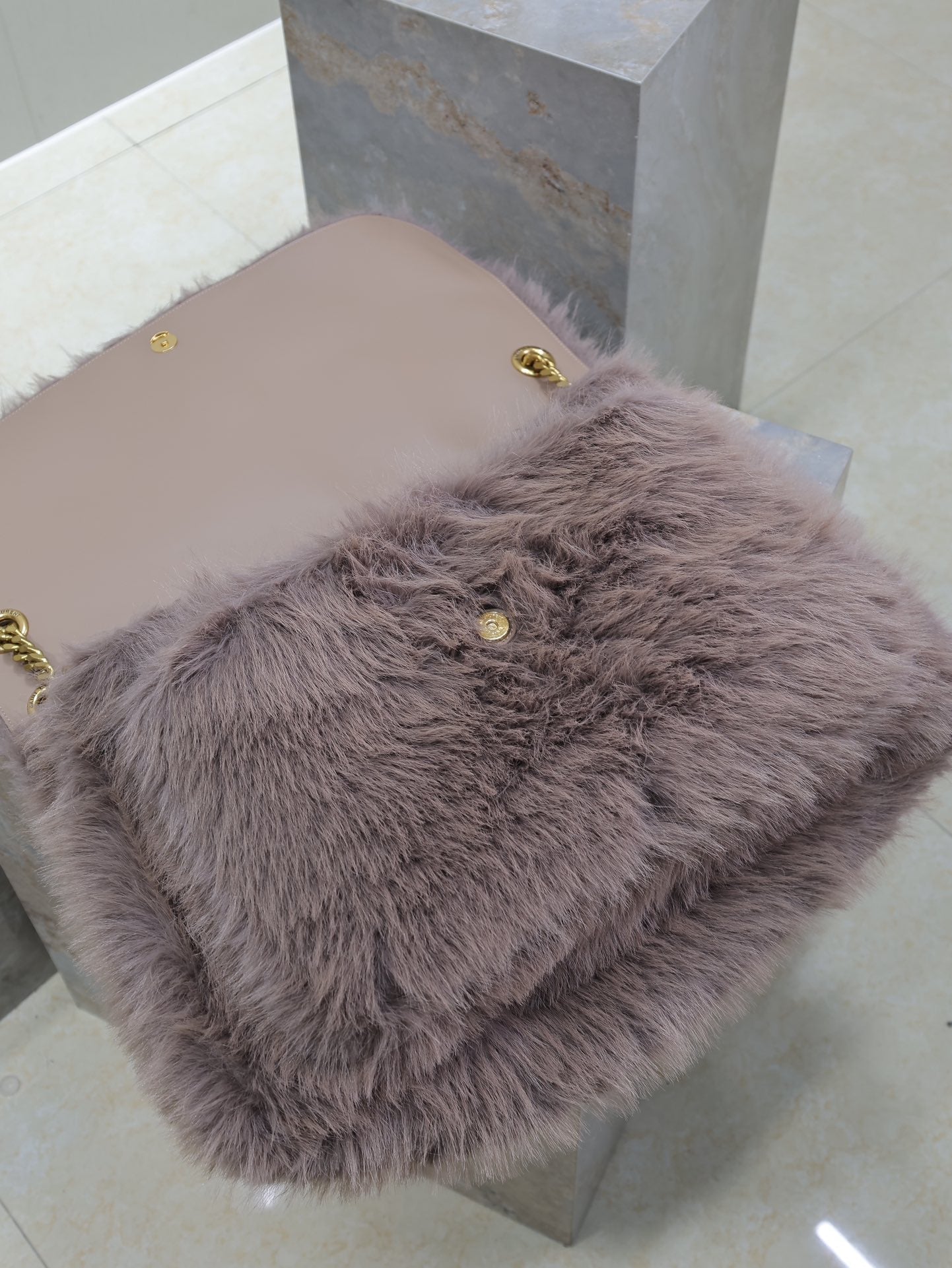 SAINT LAURENT NIKI 47 IN LIGHT PURPLE RABBIT FUR GOLD HARDWARE