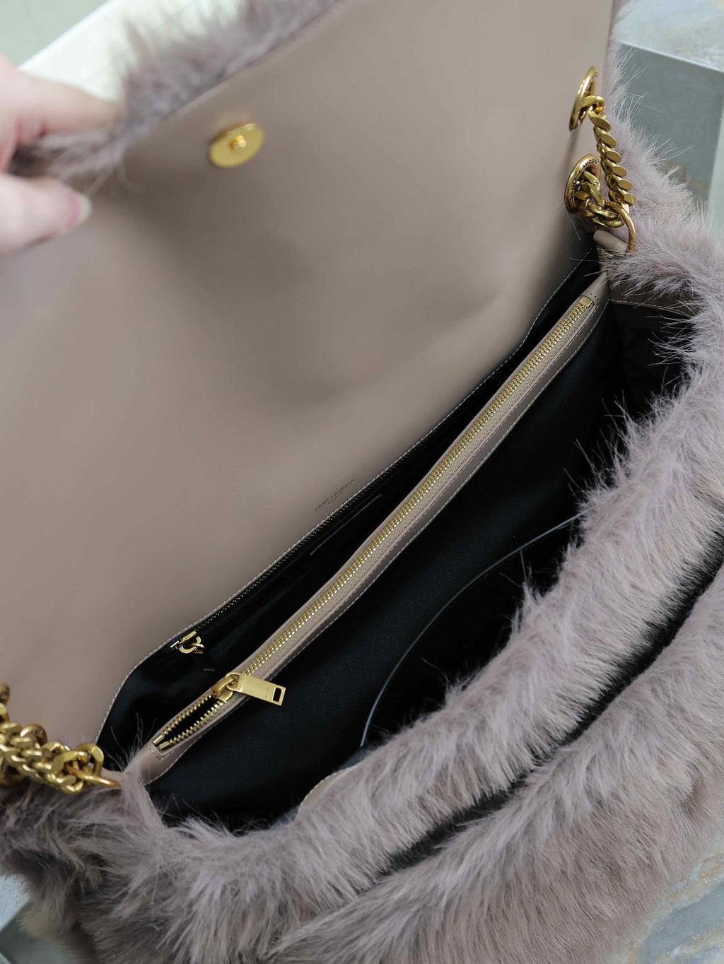 SAINT LAURENT NIKI 47 IN LIGHT PURPLE RABBIT FUR GOLD HARDWARE