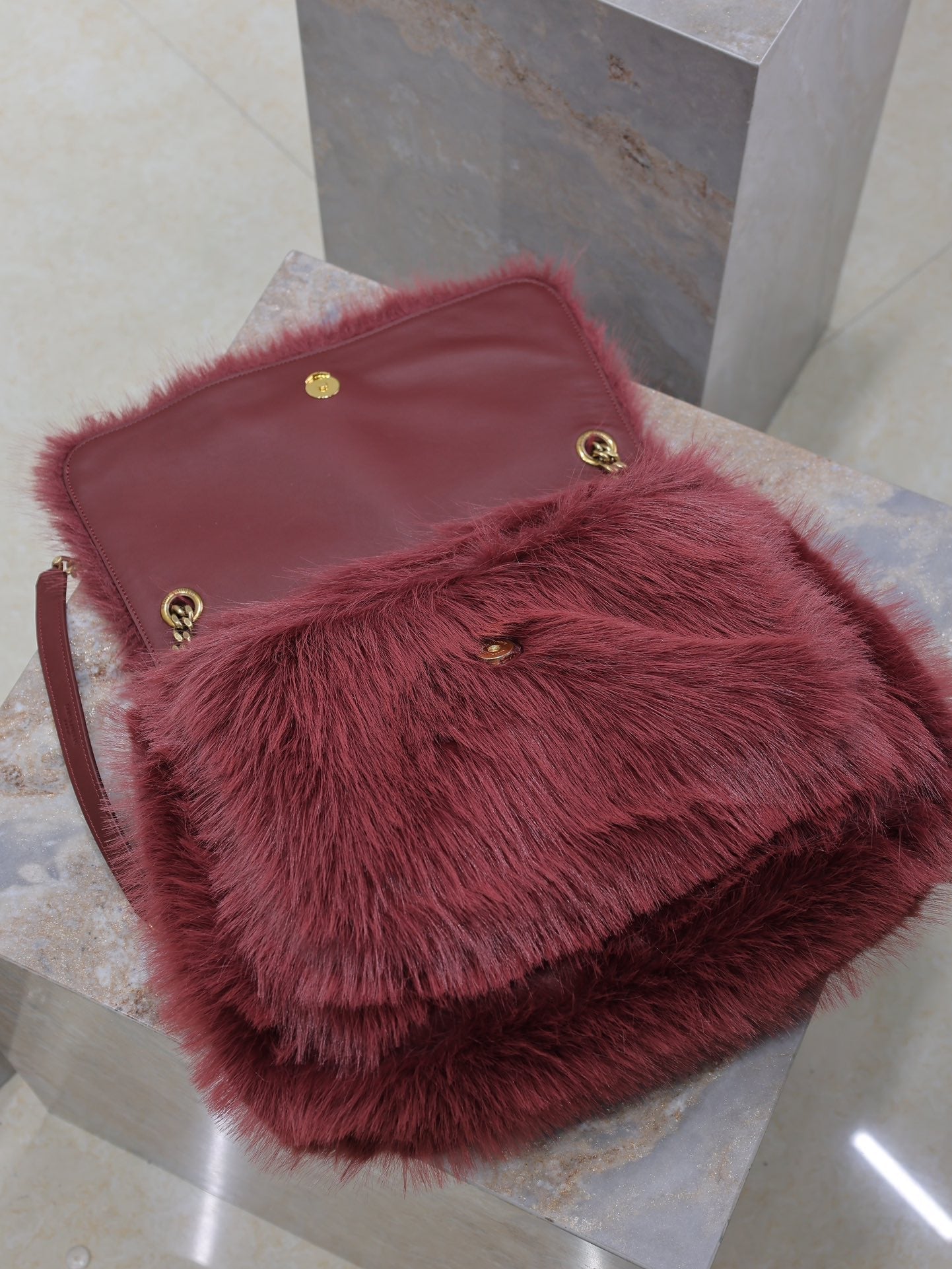 SAINT LAURENT NIKI LARGE 32 IN CURRANT RED RABBIT FUR GOLD HARDWARE