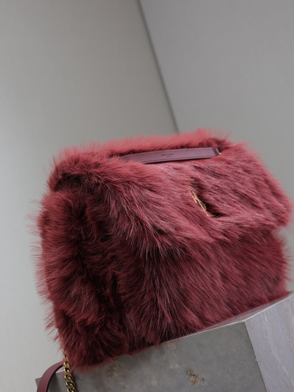SAINT LAURENT NIKI LARGE 32 IN CURRANT RED RABBIT FUR GOLD HARDWARE