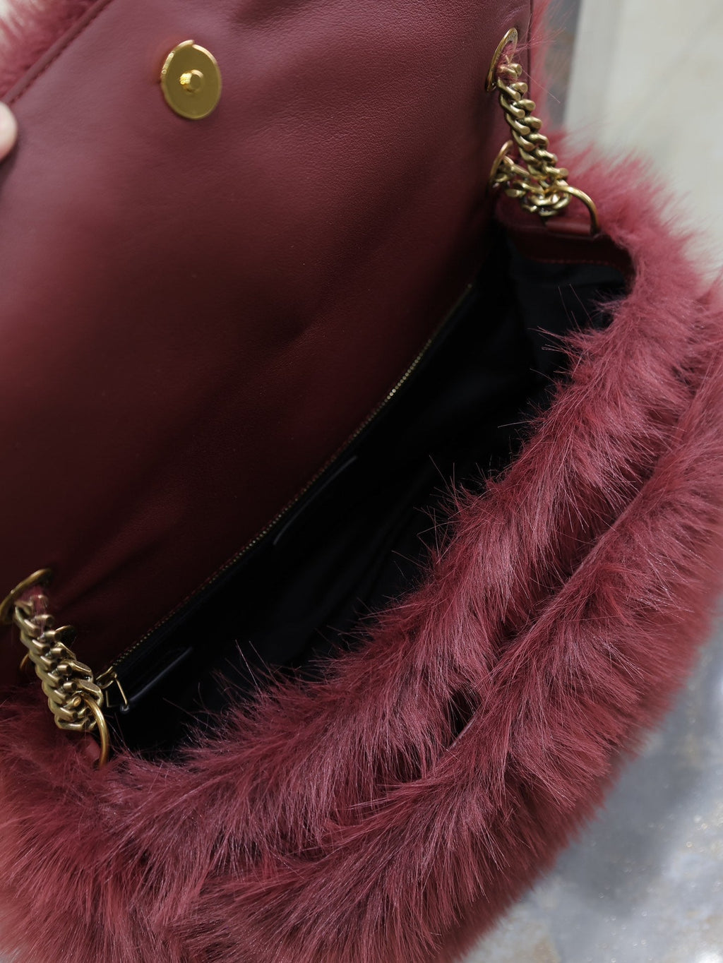 SAINT LAURENT NIKI LARGE 32 IN CURRANT RED RABBIT FUR GOLD HARDWARE