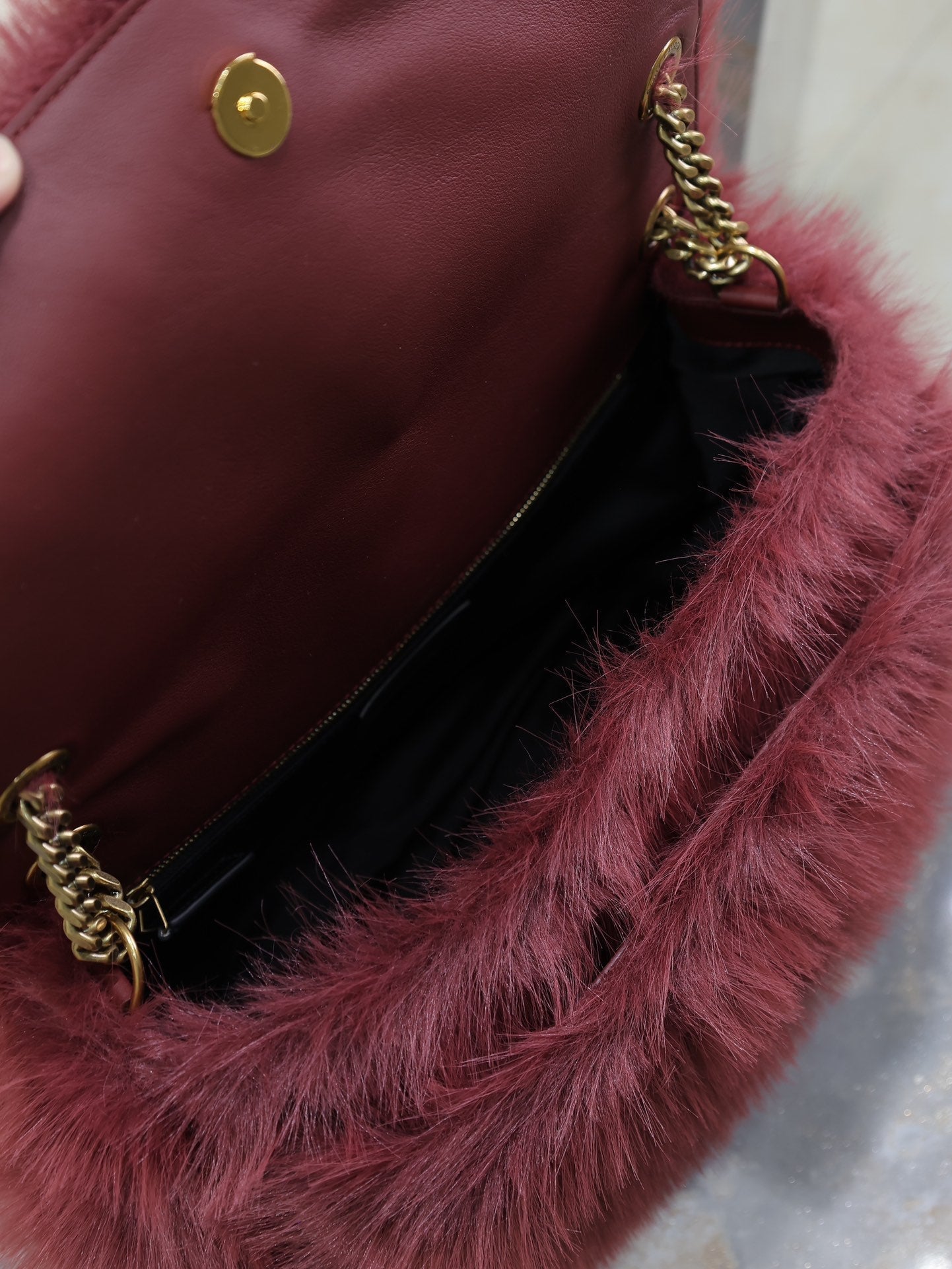 SAINT LAURENT NIKI LARGE 32 IN CURRANT RED RABBIT FUR GOLD HARDWARE