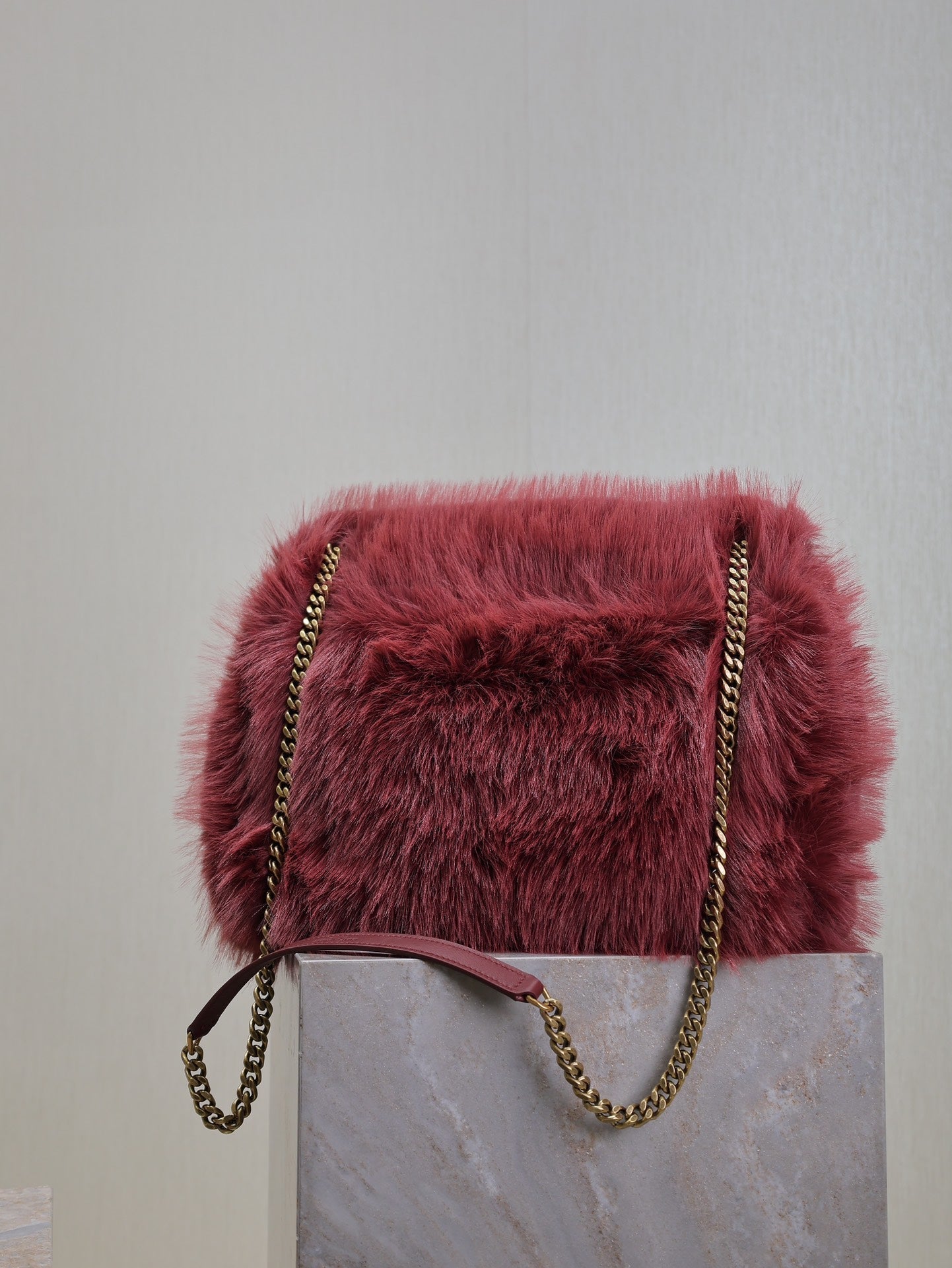 SAINT LAURENT NIKI LARGE 32 IN CURRANT RED RABBIT FUR GOLD HARDWARE