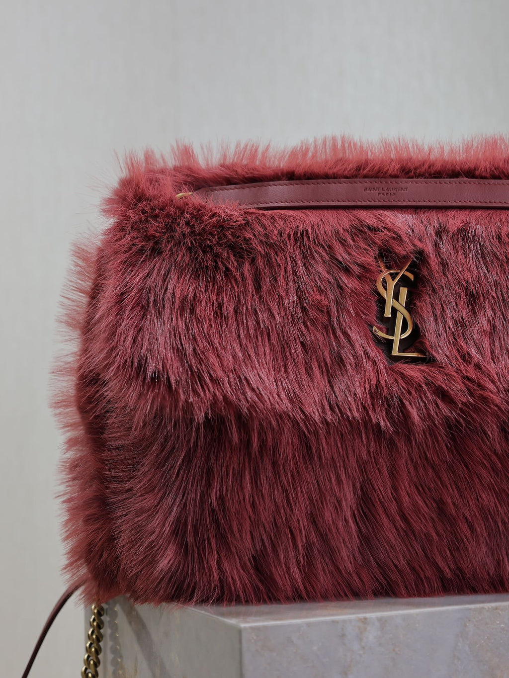 SAINT LAURENT NIKI LARGE 32 IN CURRANT RED RABBIT FUR GOLD HARDWARE