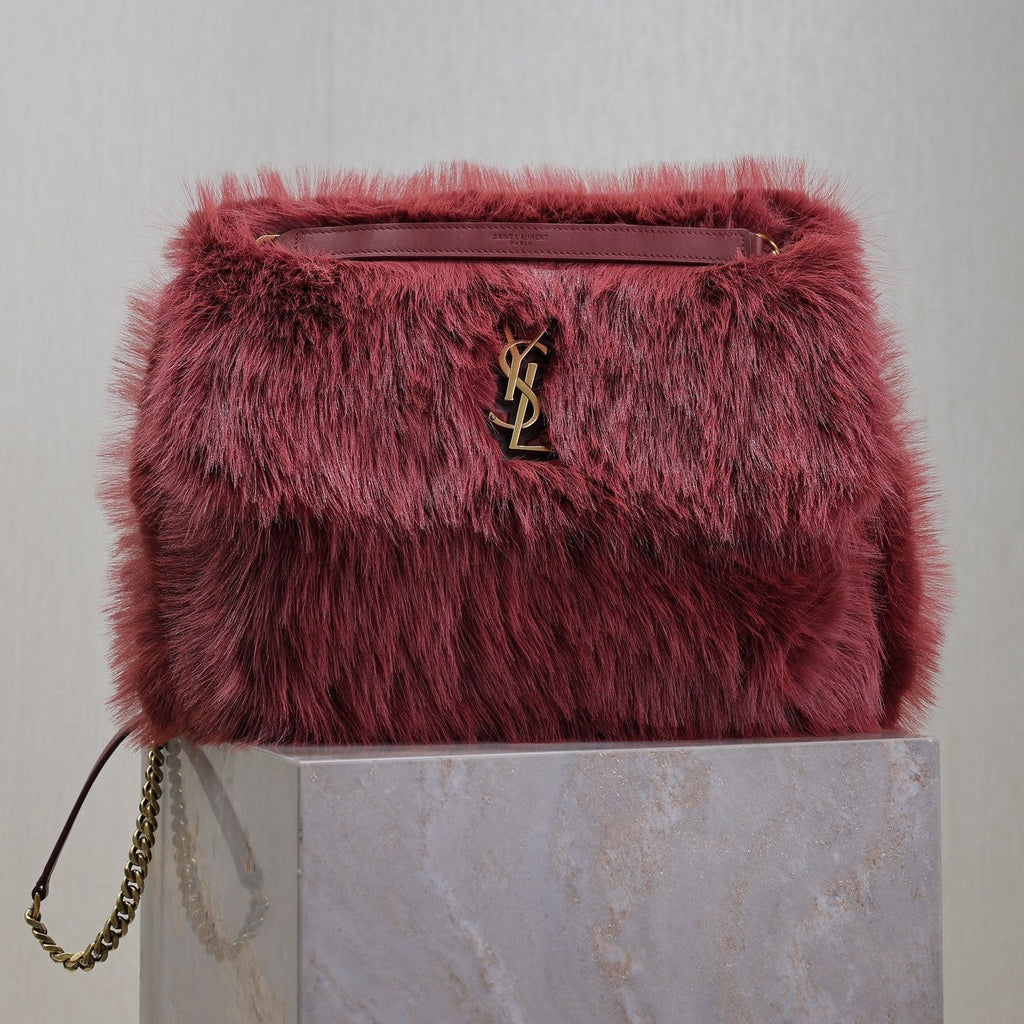 SAINT LAURENT NIKI LARGE 32 IN CURRANT RED RABBIT FUR GOLD HARDWARE