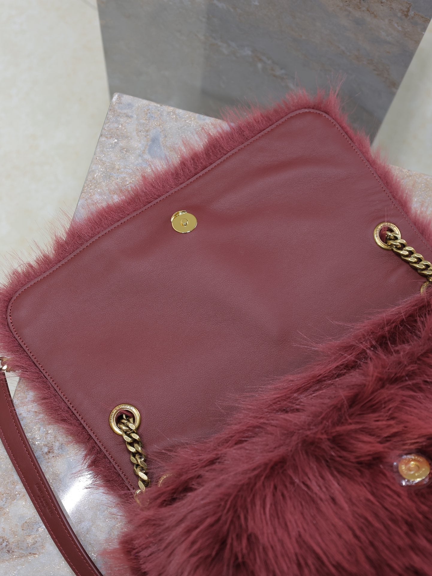 SAINT LAURENT NIKI LARGE 32 IN CURRANT RED RABBIT FUR GOLD HARDWARE