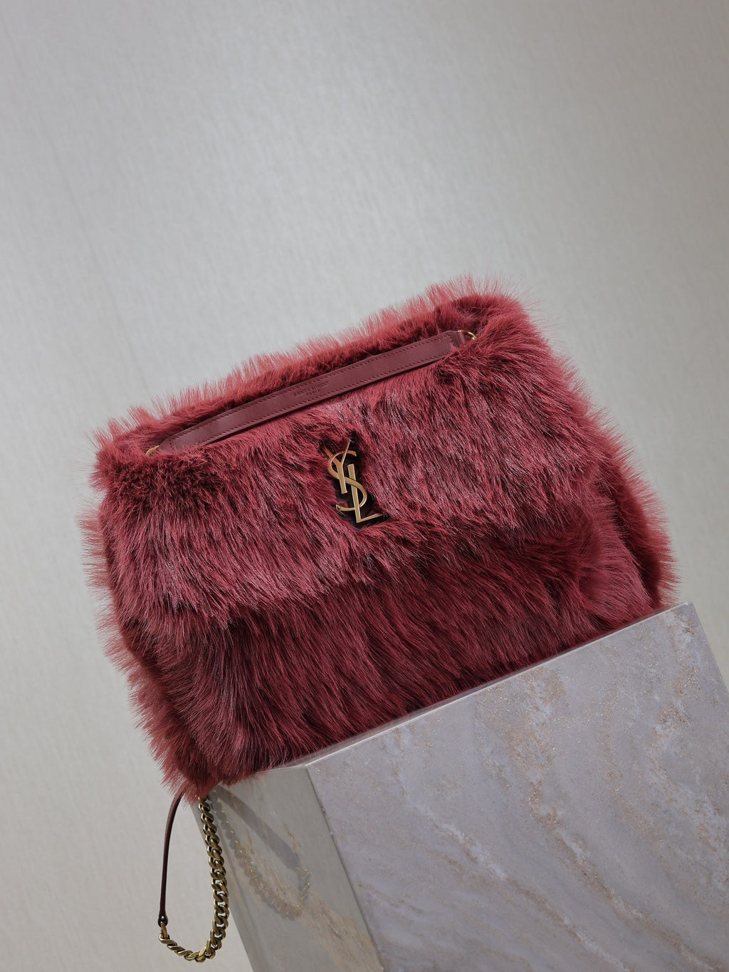 SAINT LAURENT NIKI LARGE 32 IN CURRANT RED RABBIT FUR GOLD HARDWARE