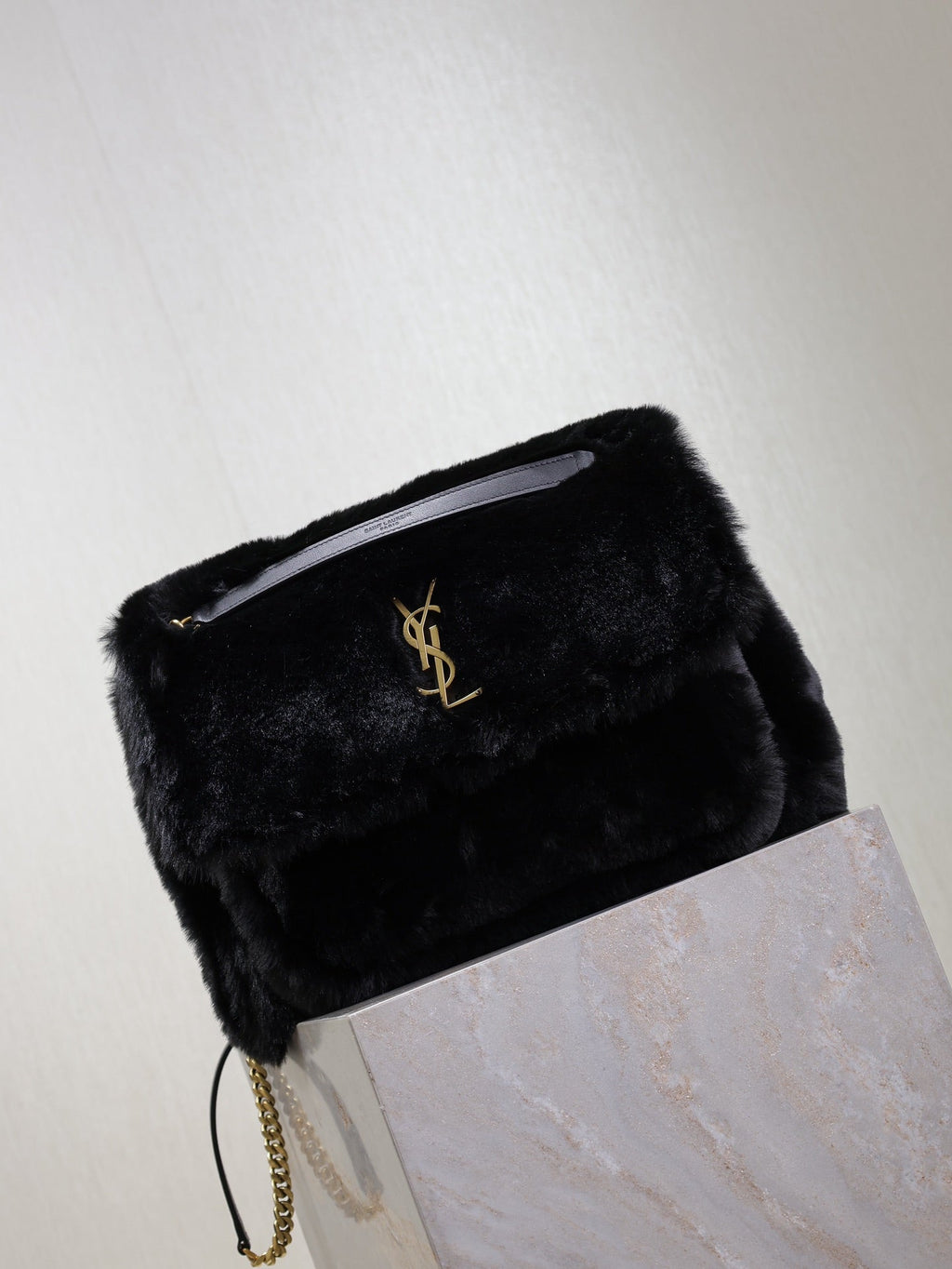 SAINT LAURENT NIKI LARGE 32 IN BLACK RABBIT FUR GOLD HARDWARE