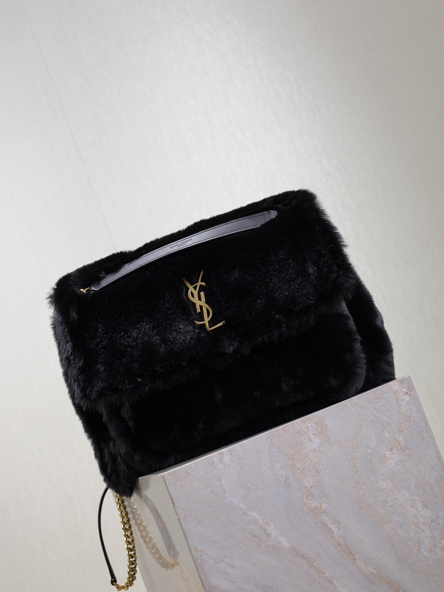 SAINT LAURENT NIKI LARGE 32 IN BLACK RABBIT FUR GOLD HARDWARE