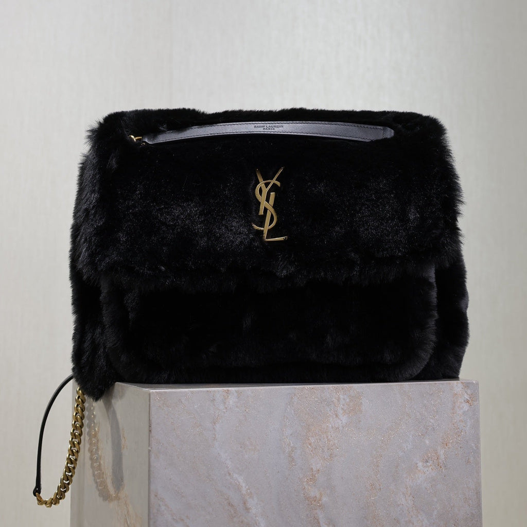 SAINT LAURENT NIKI LARGE 32 IN BLACK RABBIT FUR GOLD HARDWARE