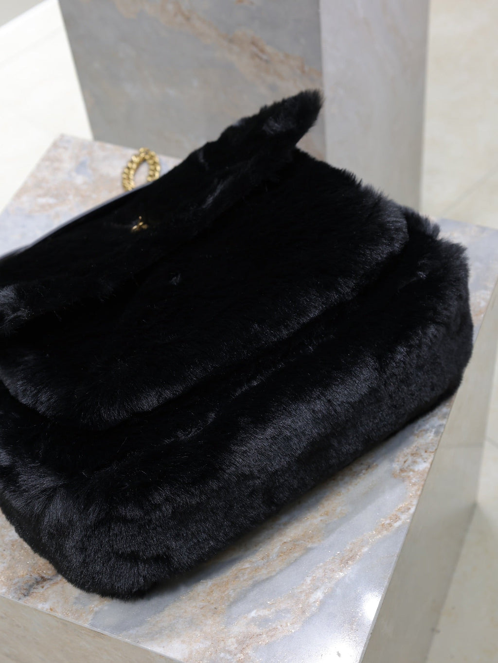 SAINT LAURENT NIKI LARGE 32 IN BLACK RABBIT FUR GOLD HARDWARE