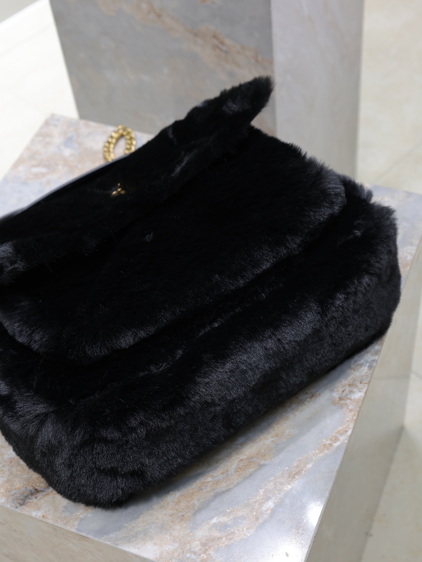 SAINT LAURENT NIKI LARGE 32 IN BLACK RABBIT FUR GOLD HARDWARE