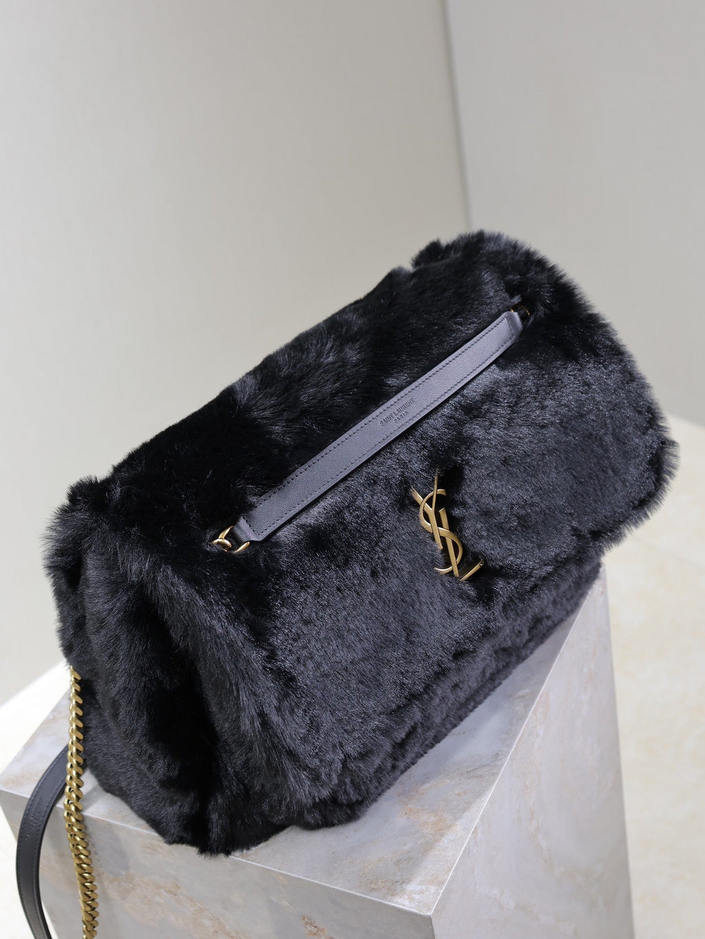 SAINT LAURENT NIKI LARGE 32 IN BLACK RABBIT FUR GOLD HARDWARE