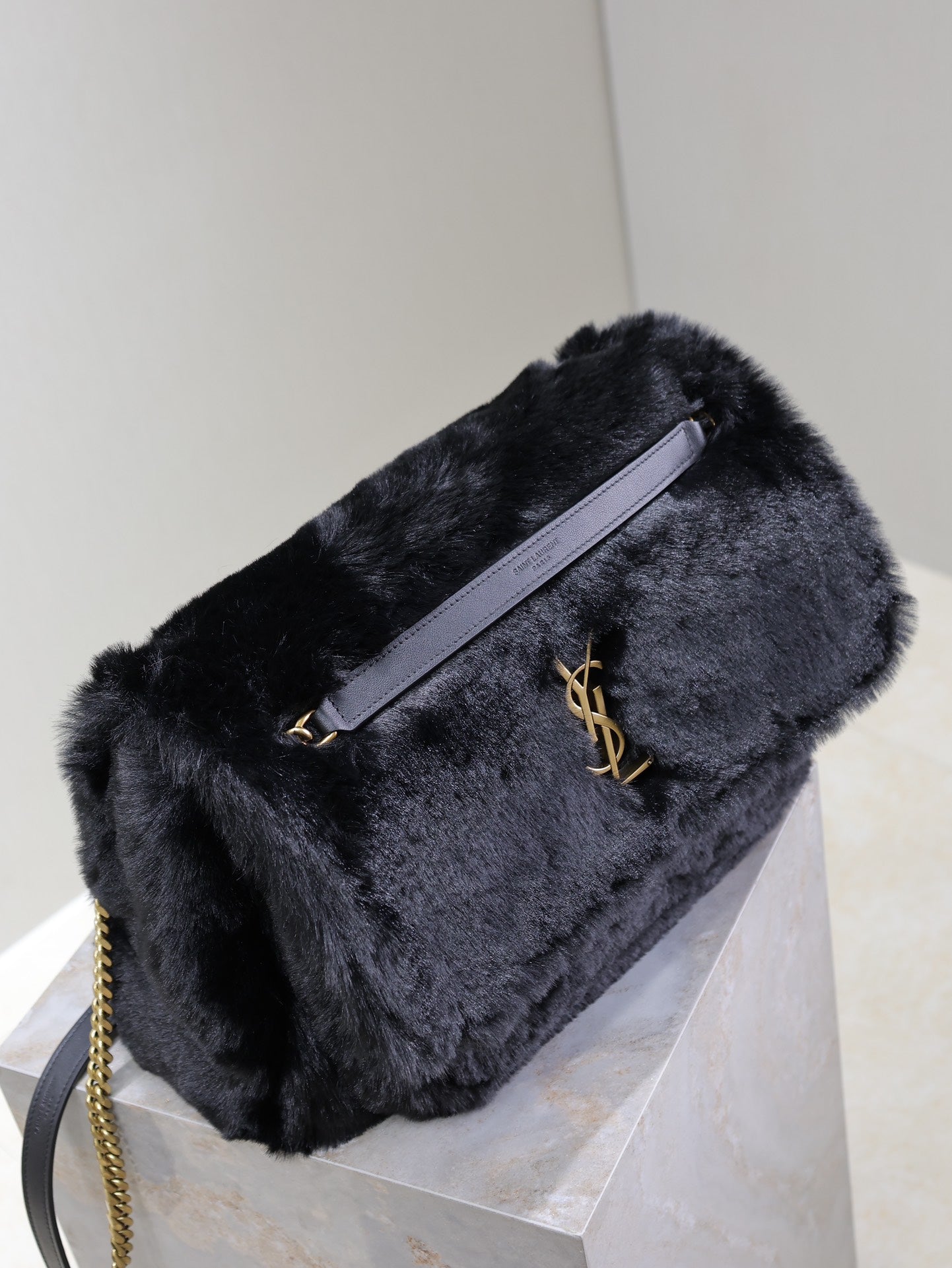 SAINT LAURENT NIKI LARGE 32 IN BLACK RABBIT FUR GOLD HARDWARE