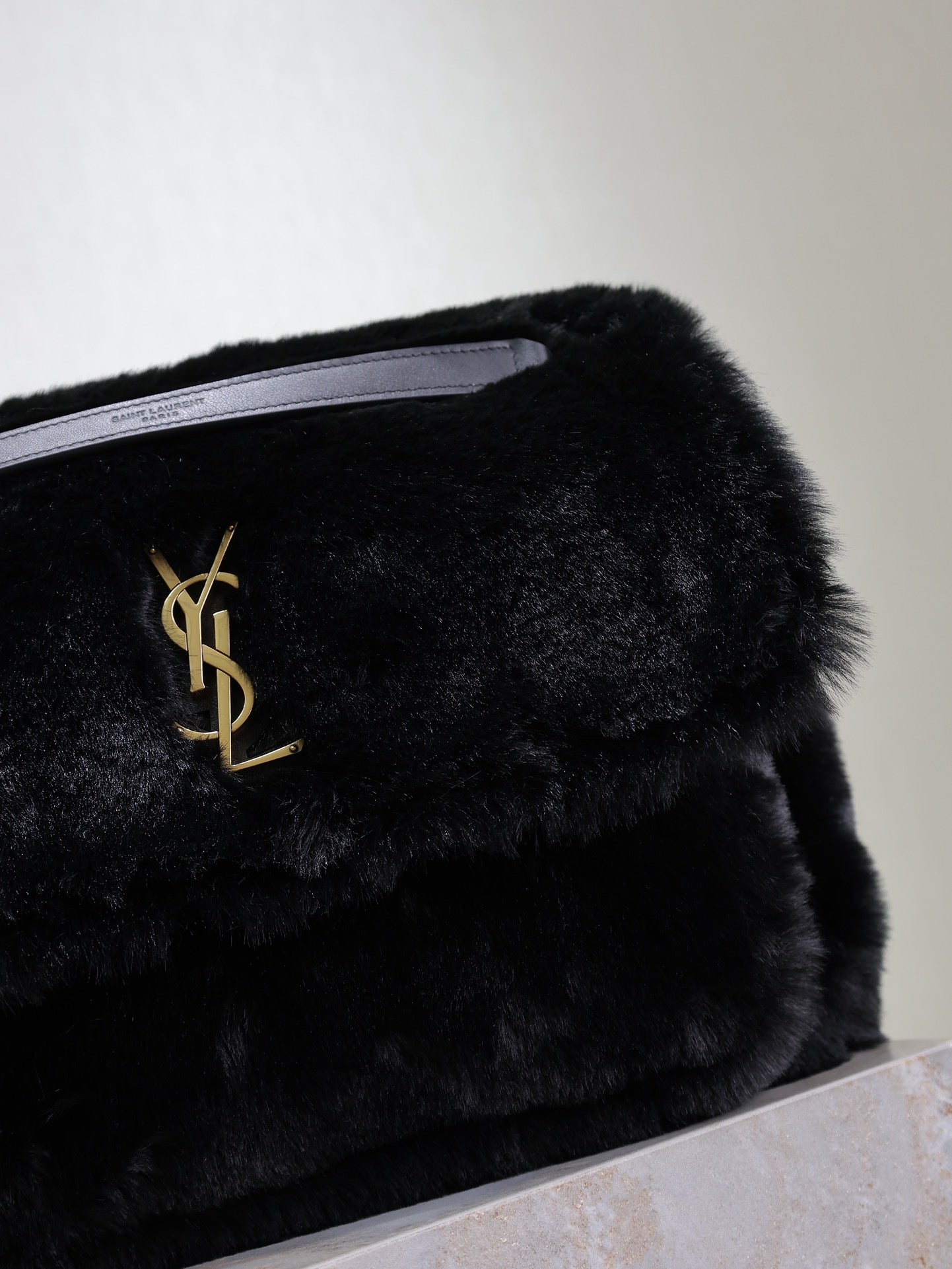 SAINT LAURENT NIKI LARGE 32 IN BLACK RABBIT FUR GOLD HARDWARE
