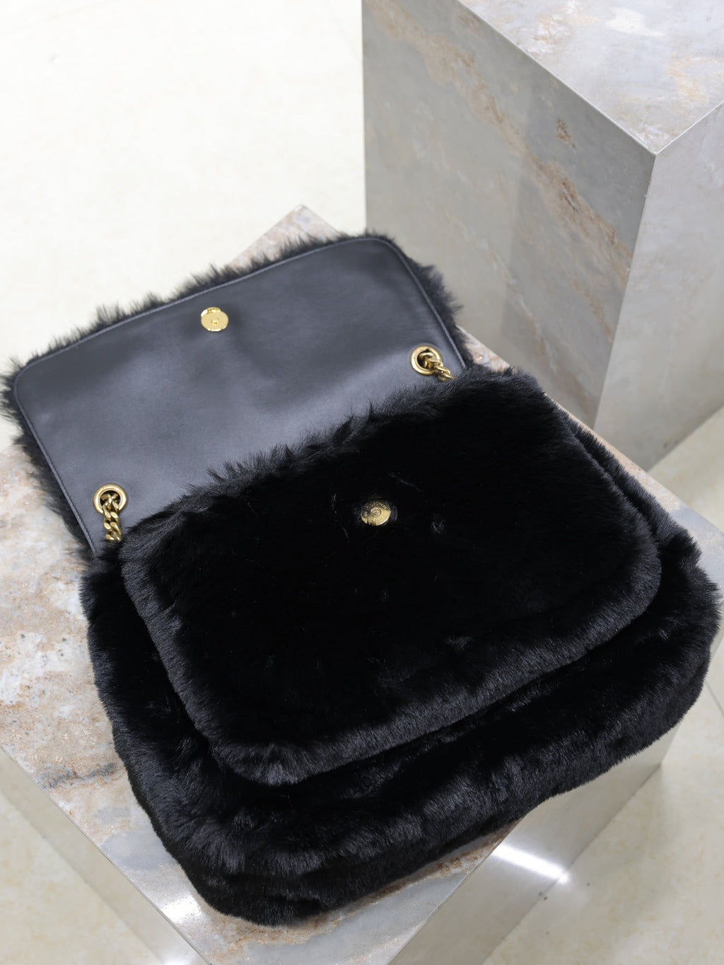 SAINT LAURENT NIKI LARGE 32 IN BLACK RABBIT FUR GOLD HARDWARE