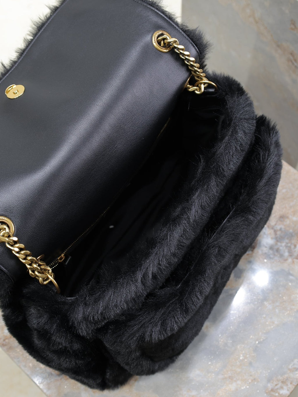 SAINT LAURENT NIKI LARGE 32 IN BLACK RABBIT FUR GOLD HARDWARE