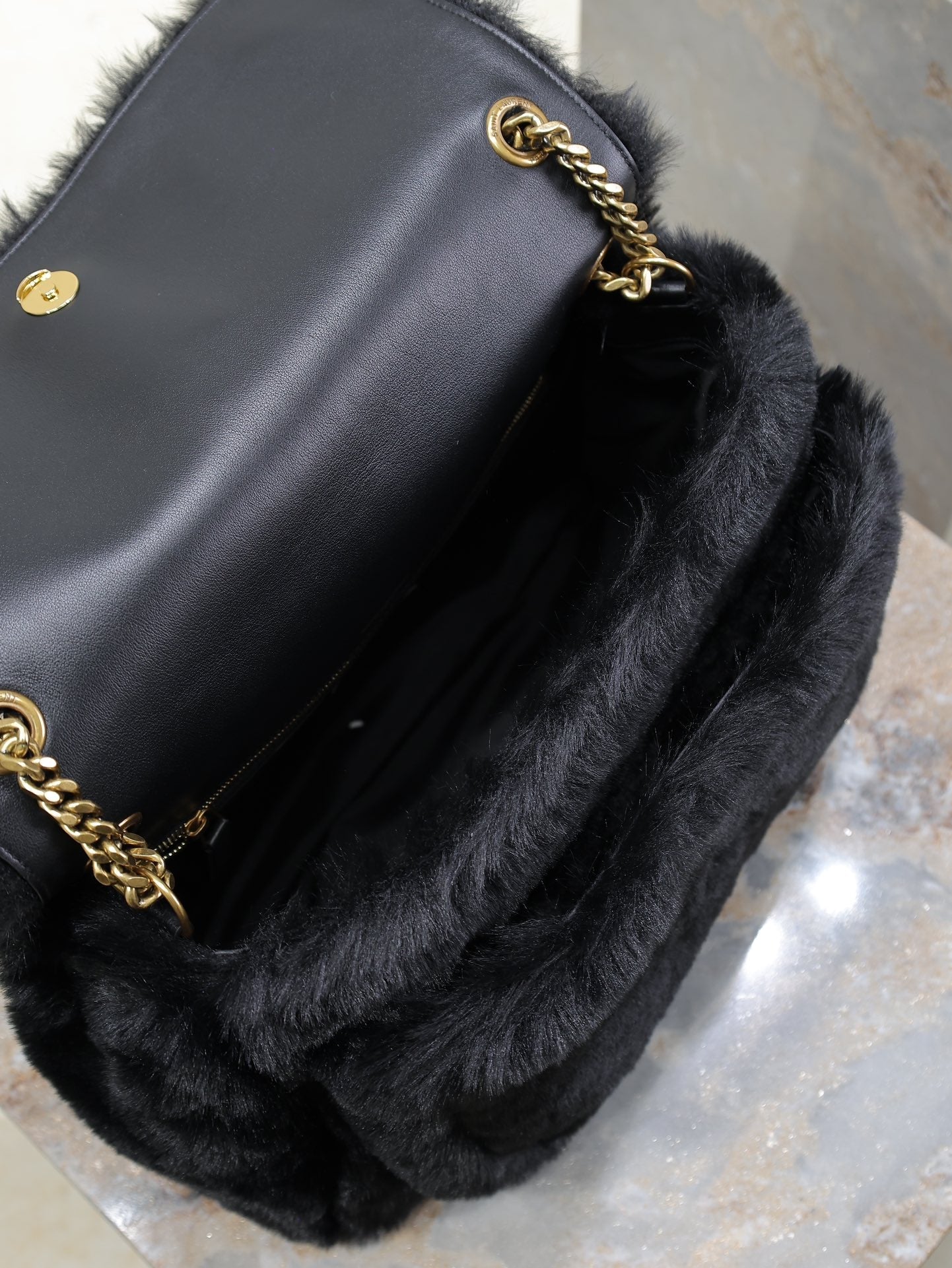 SAINT LAURENT NIKI LARGE 32 IN BLACK RABBIT FUR GOLD HARDWARE