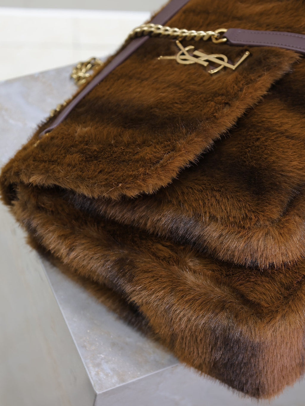 SAINT LAURENT NIKI LARGE 32 IN COFFE BROWN MINK FUR GOLD HARDWARE