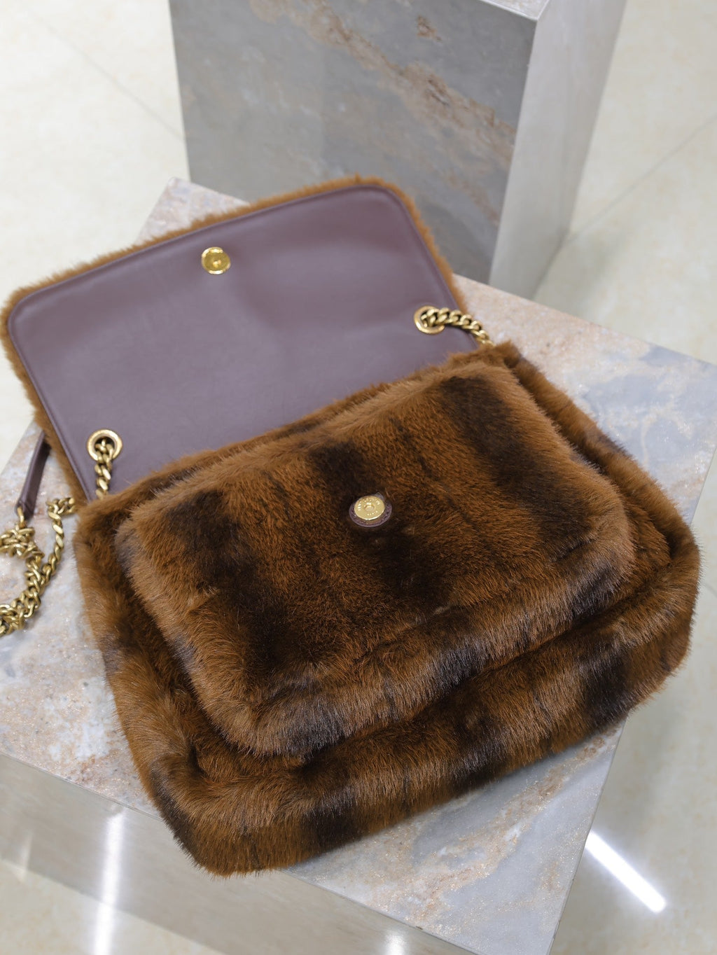 SAINT LAURENT NIKI LARGE 32 IN COFFE BROWN MINK FUR GOLD HARDWARE