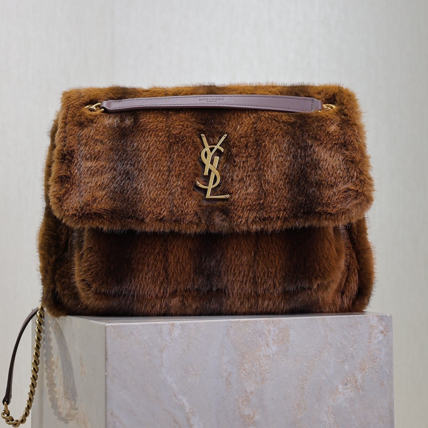 SAINT LAURENT NIKI LARGE 32 IN COFFE BROWN MINK FUR GOLD HARDWARE