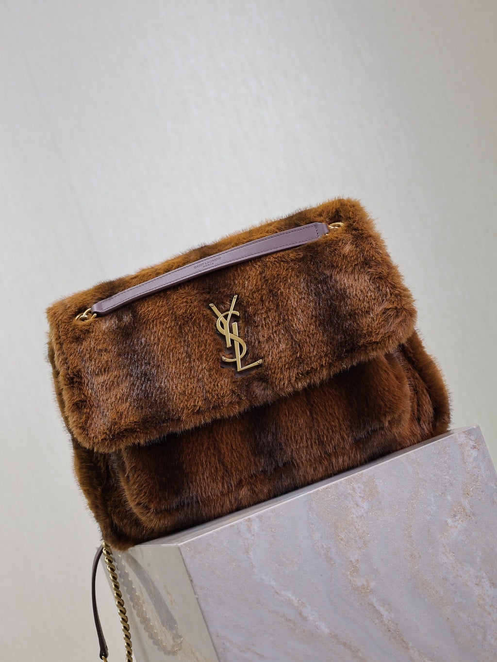 SAINT LAURENT NIKI LARGE 32 IN COFFE BROWN MINK FUR GOLD HARDWARE