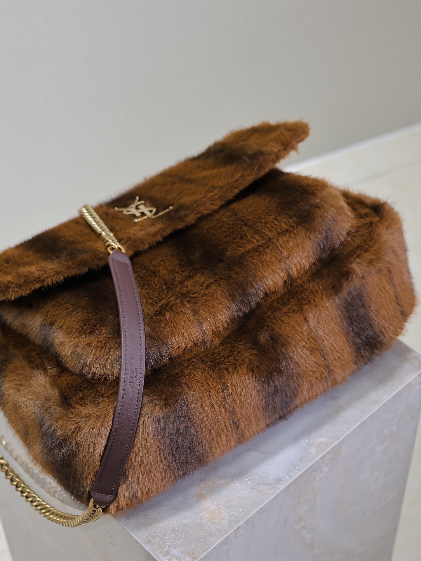 SAINT LAURENT NIKI LARGE 32 IN COFFE BROWN MINK FUR GOLD HARDWARE