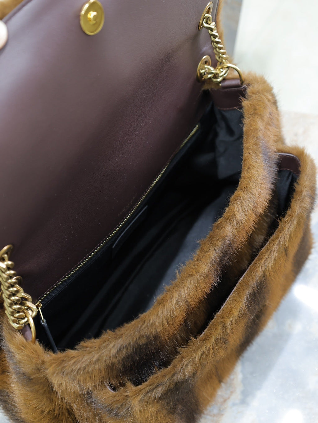 SAINT LAURENT NIKI LARGE 32 IN COFFE BROWN MINK FUR GOLD HARDWARE