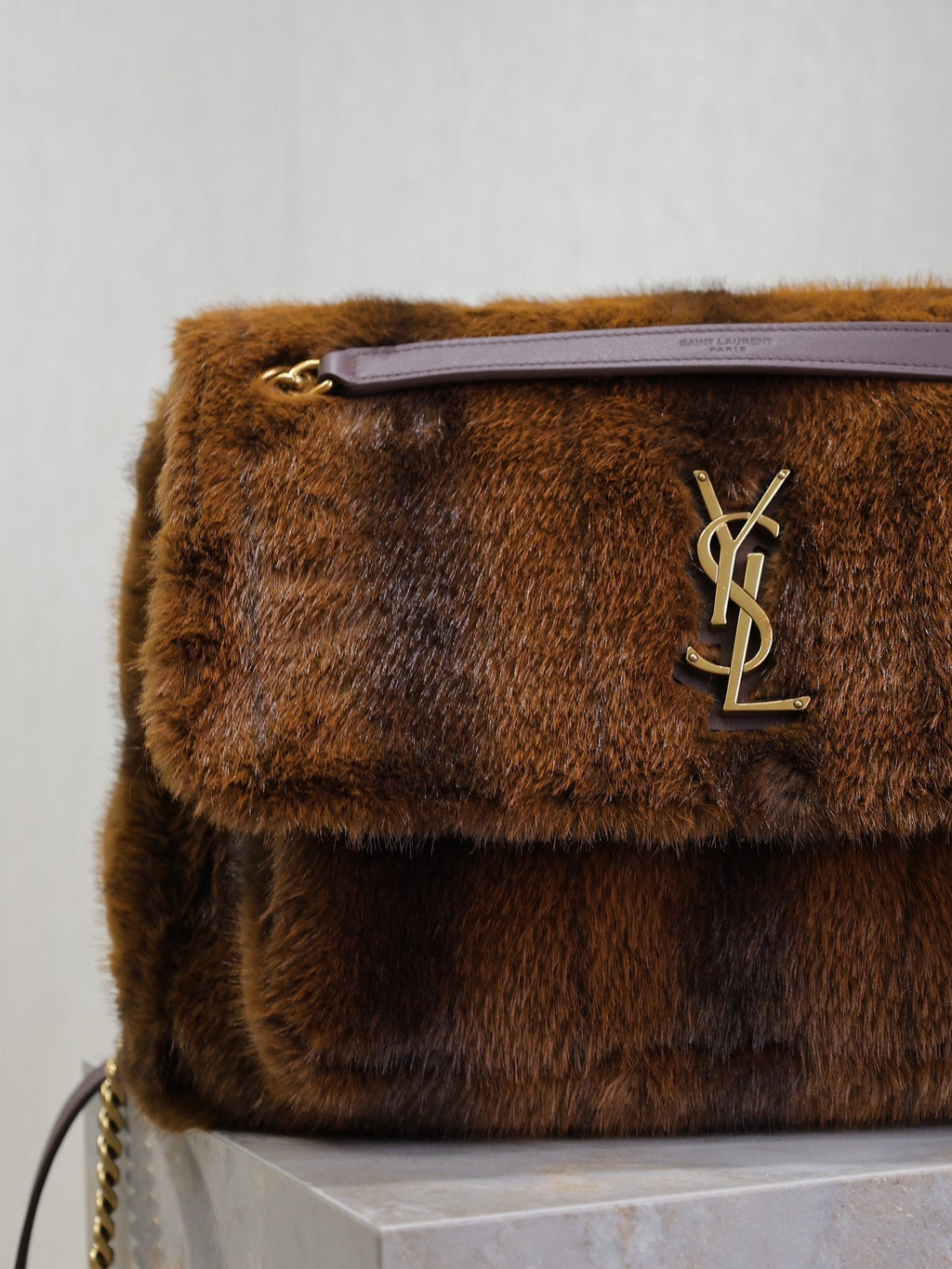 SAINT LAURENT NIKI LARGE 32 IN COFFE BROWN MINK FUR GOLD HARDWARE