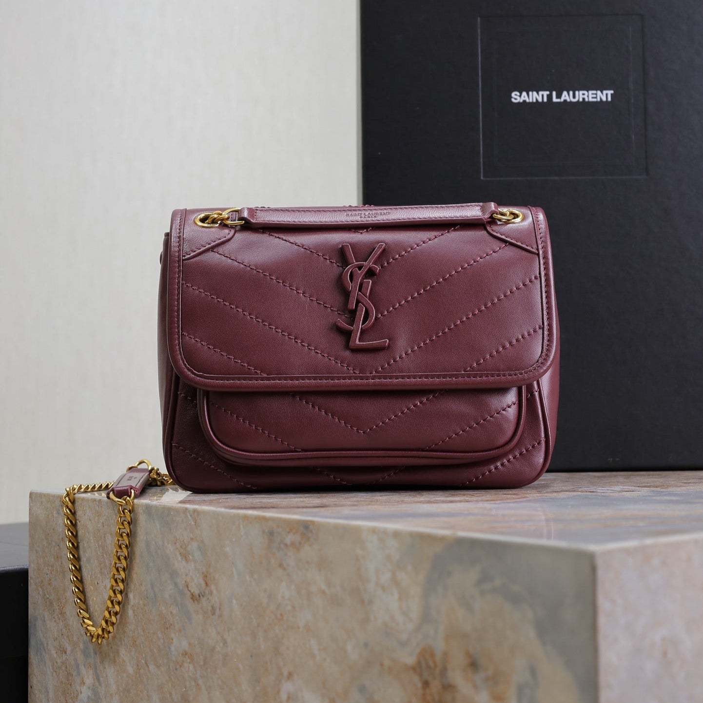SAINT LAURENT NIKI BABY 22 IN WINE RED LAMBSKIN GOLD CHAIN