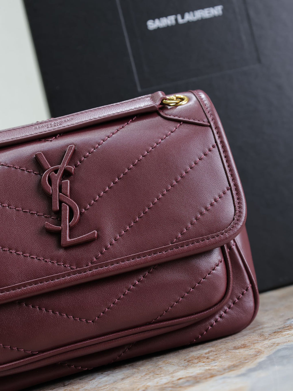 SAINT LAURENT NIKI BABY 22 IN WINE RED LAMBSKIN GOLD CHAIN