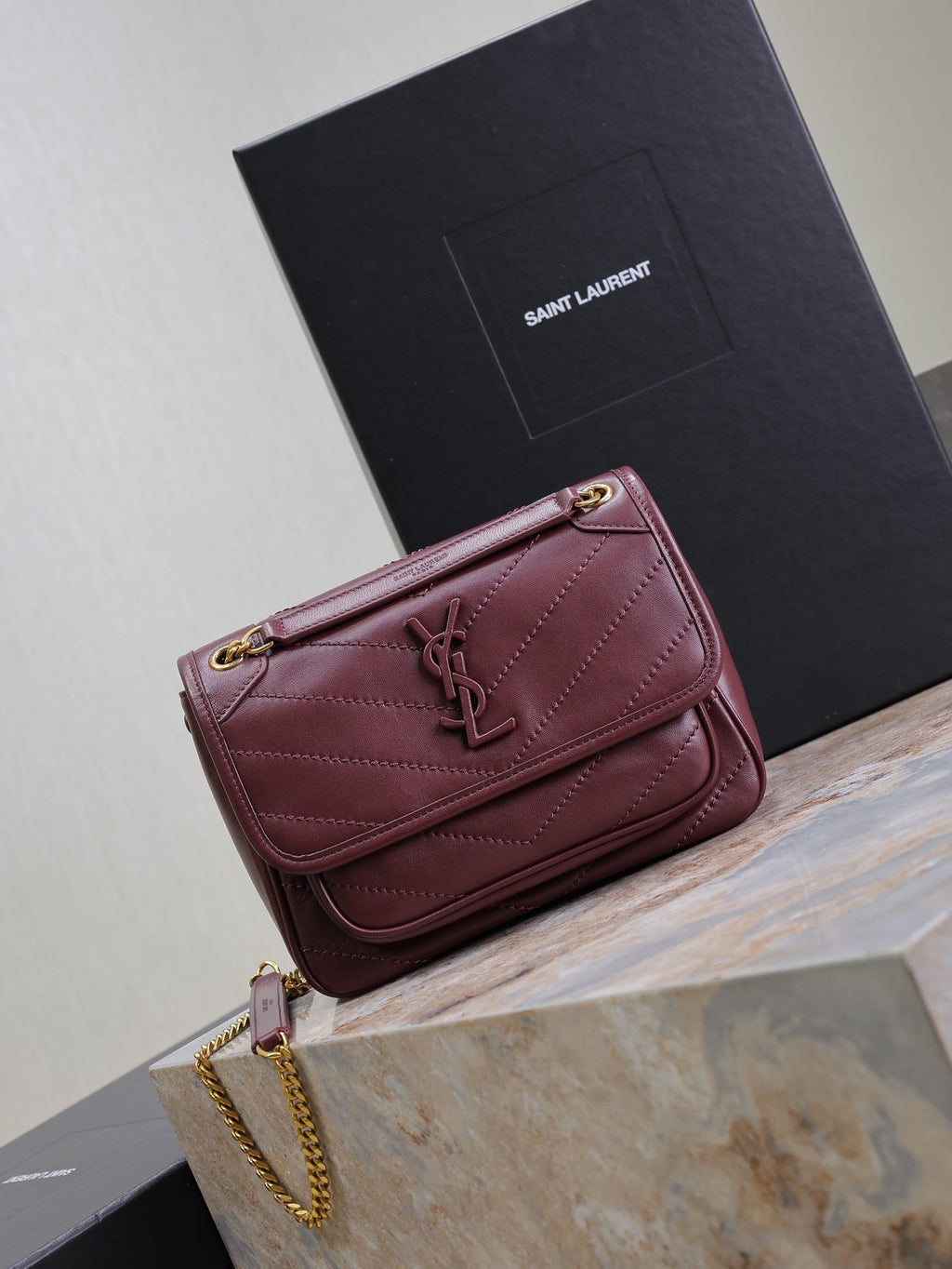 SAINT LAURENT NIKI BABY 22 IN WINE RED LAMBSKIN GOLD CHAIN