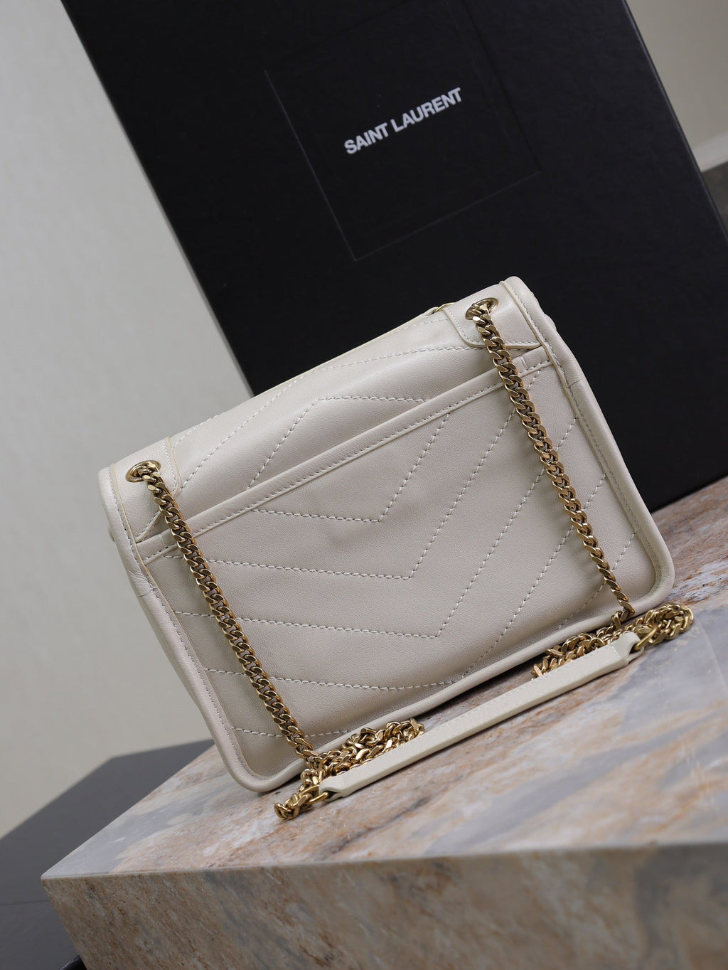 SAINT LAURENT NIKI BABY 22 IN RICE WHITE LAMBSKIN GOLD CHAIN