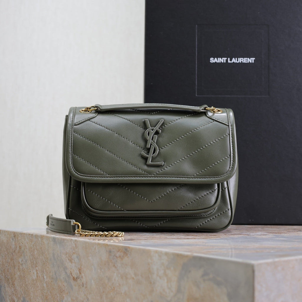 SAINT LAURENT NIKI BABY 22 IN UNIFORM GREEN LAMBSKIN GOLD CHAIN