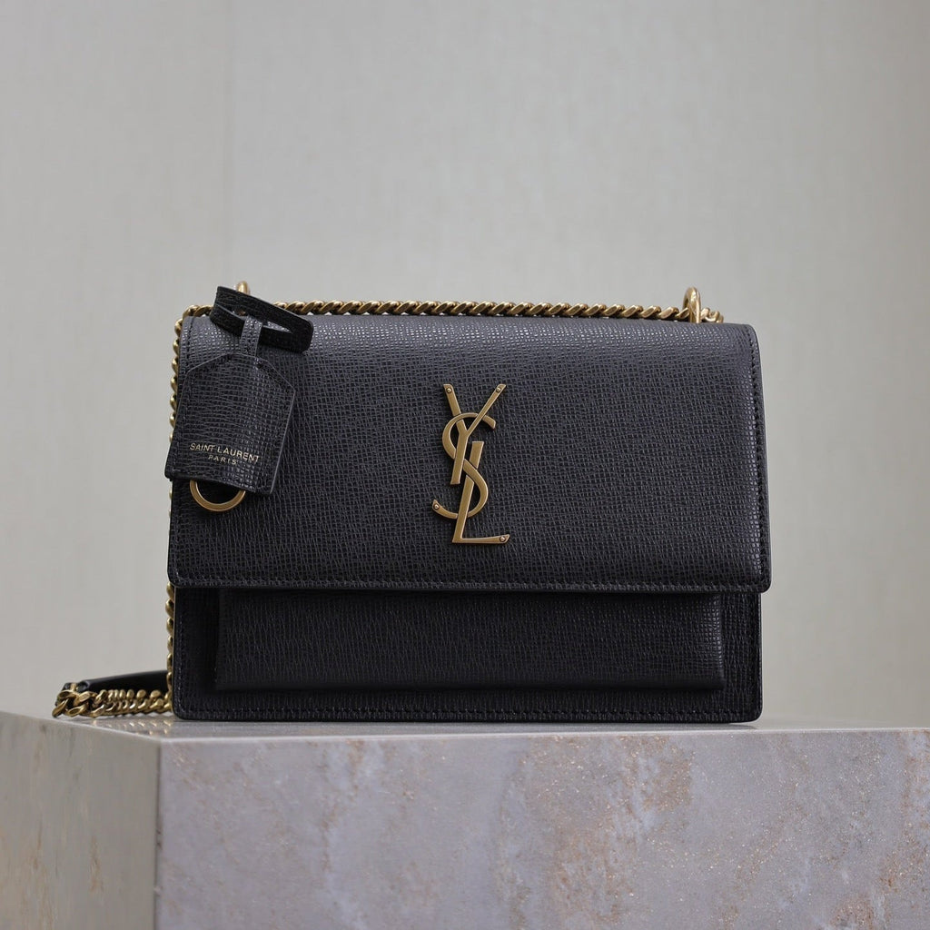 SAINT LAURENT YSL 25S SUNSET MEDIUM 22 IN BLACK GRAINED CALFSKIN GOLD HARDWARE