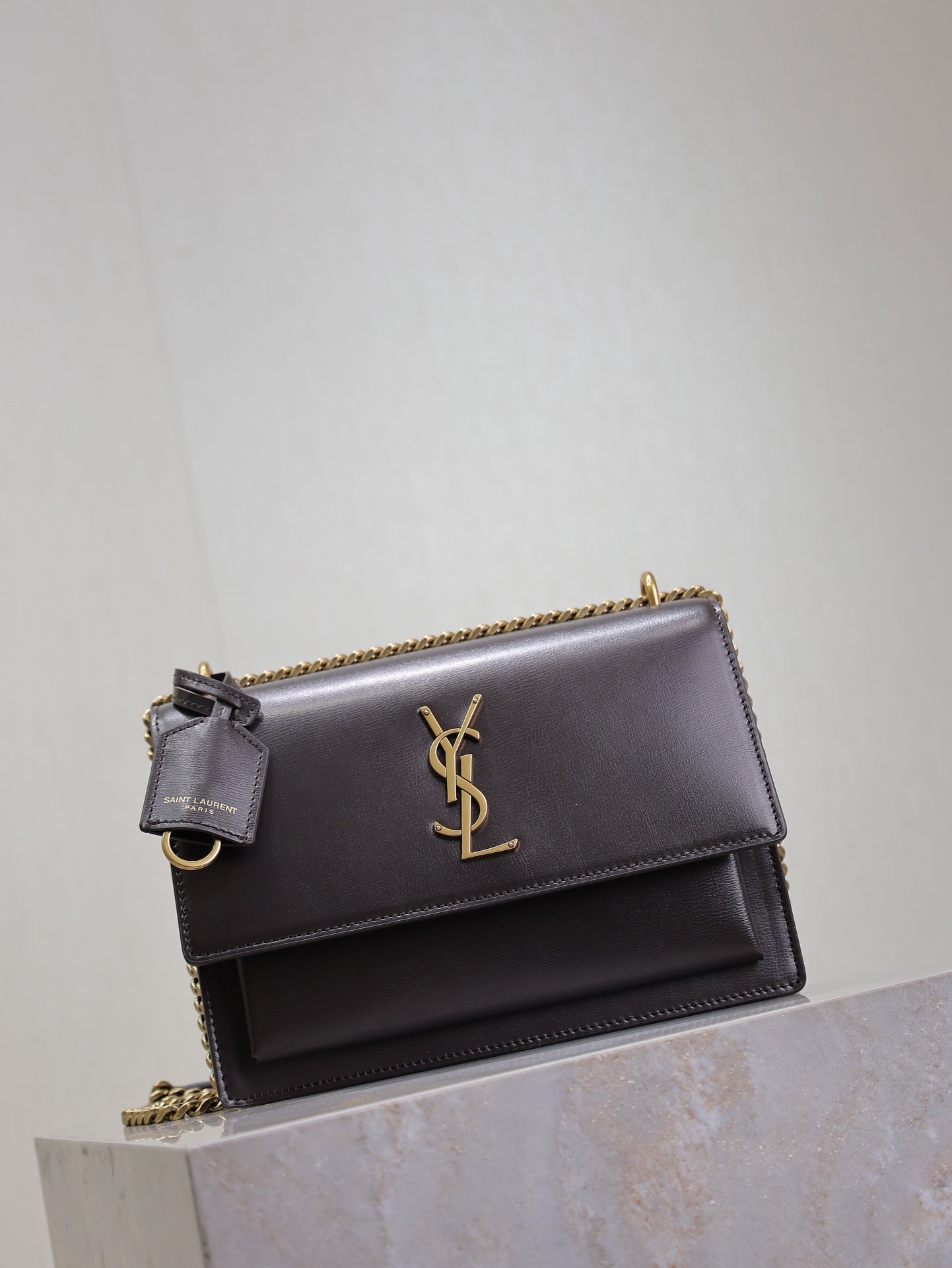 SAINT LAURENT YSL 25S SUNSET BAG 22 IN DARK PURPLE CALFSKIN GOLD HARDWRE