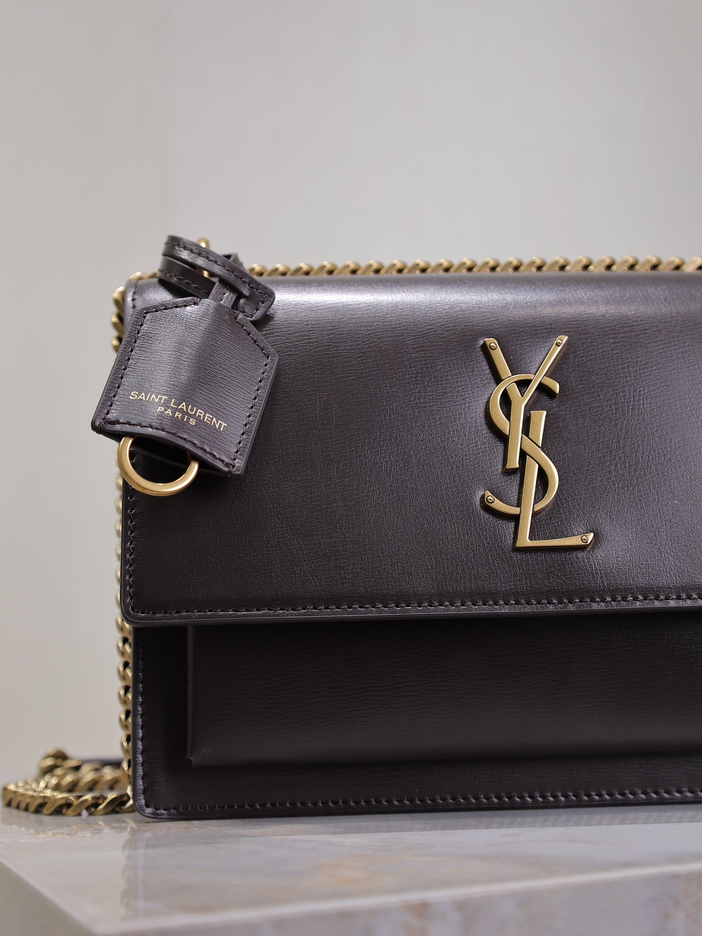 SAINT LAURENT YSL 25S SUNSET BAG 22 IN DARK PURPLE CALFSKIN GOLD HARDWRE