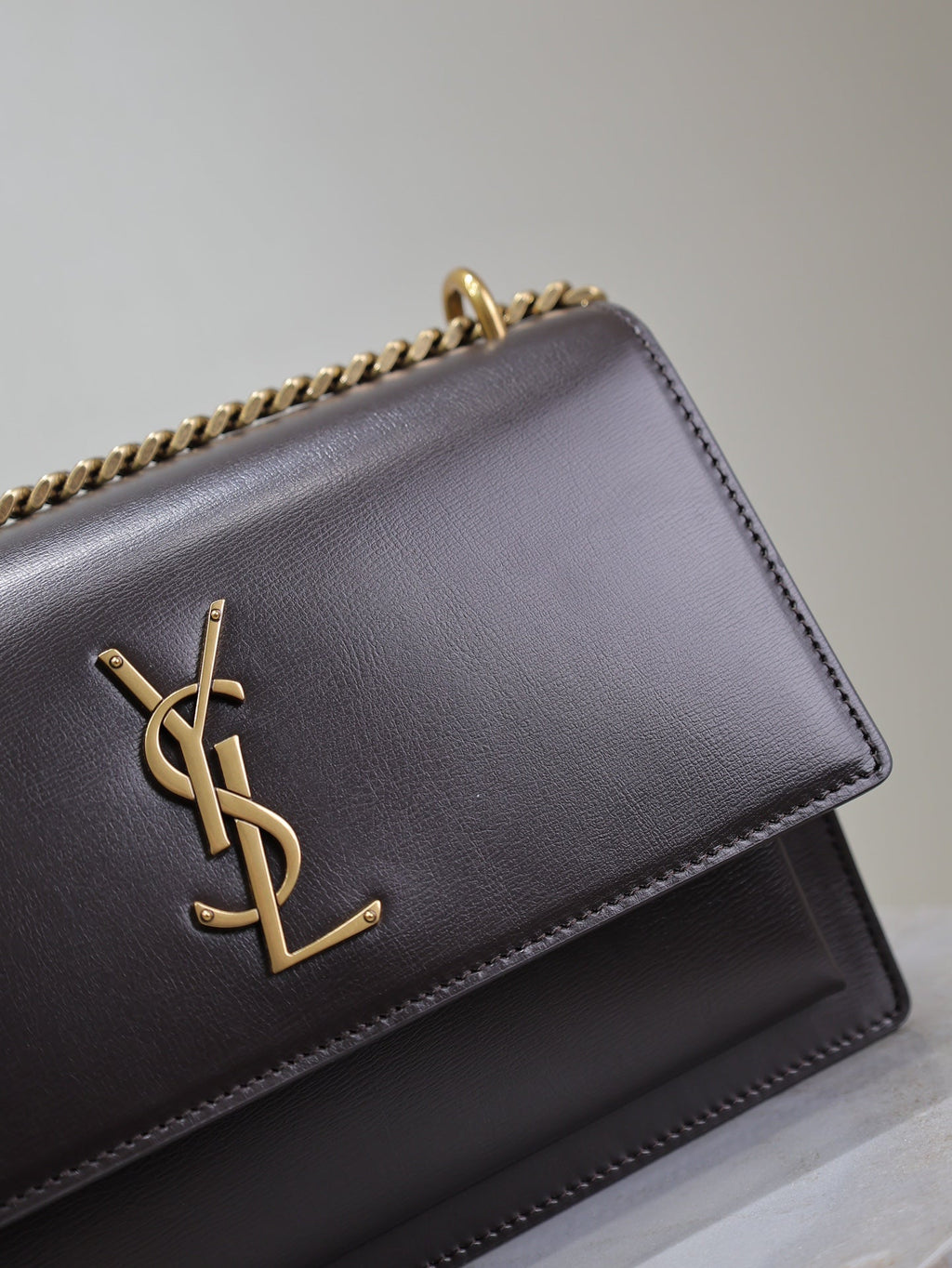 SAINT LAURENT YSL 25S SUNSET BAG 22 IN DARK PURPLE CALFSKIN GOLD HARDWARE