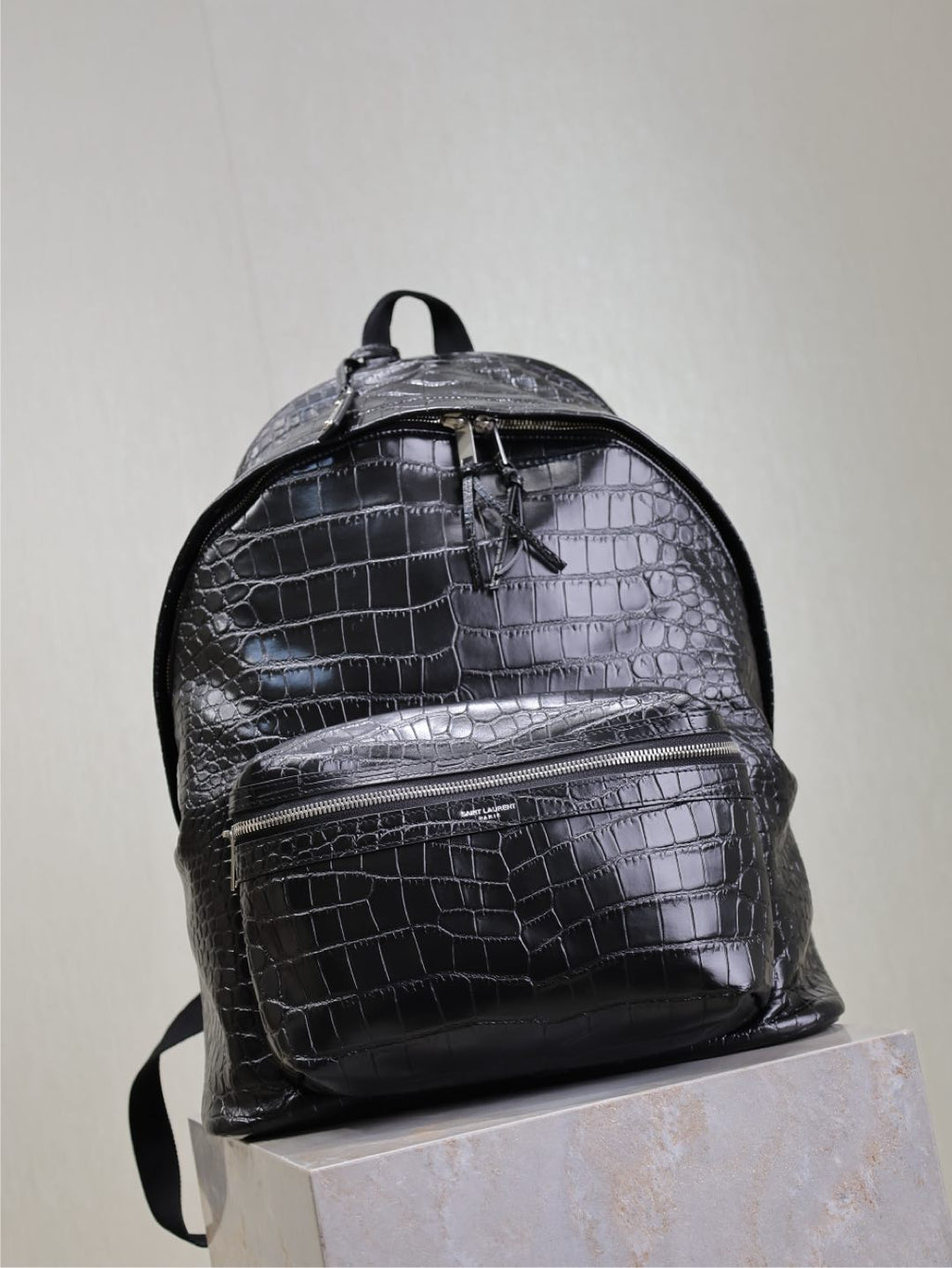 SAINT LAURENT CITY BACKPACK 38 IN BLACK CROCODILE EMBOSSED CALFSKIN