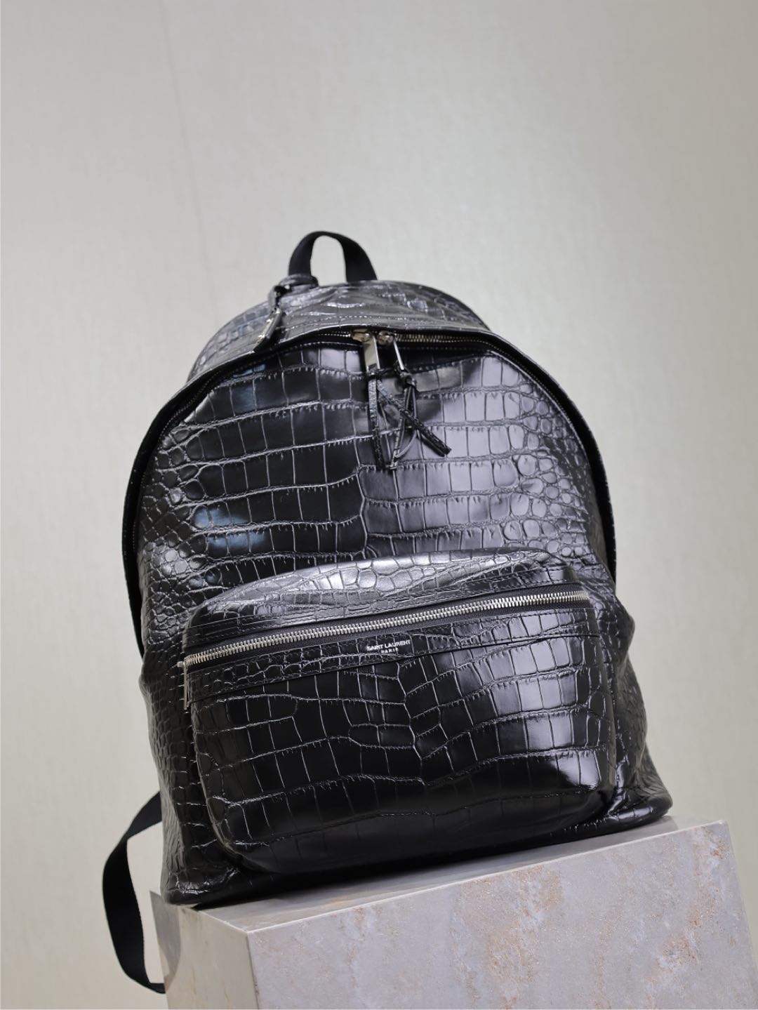 SAINT LAURENT CITY BACKPACK 38 IN BLACK CROCODILE EMBOSSED CALFSKIN