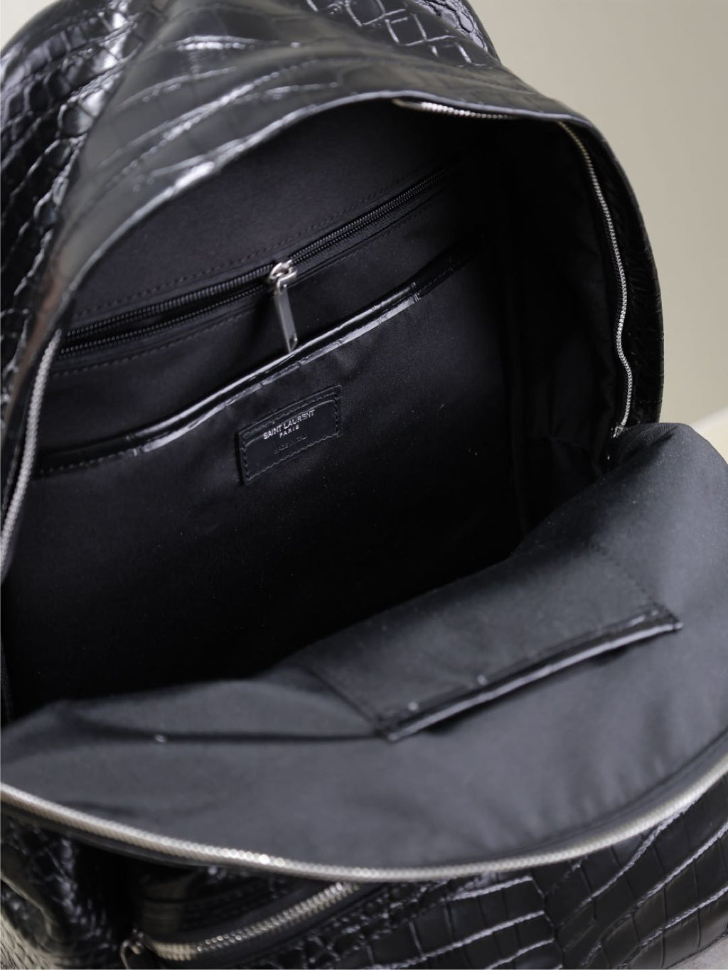 SAINT LAURENT CITY BACKPACK 38 IN BLACK CROCODILE EMBOSSED CALFSKIN