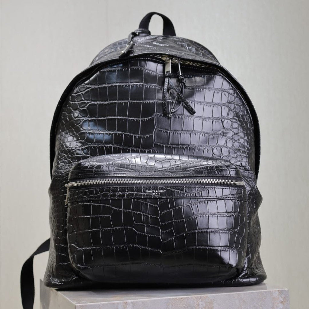 SAINT LAURENT CITY BACKPACK 38 IN BLACK CROCODILE EMBOSSED CALFSKIN