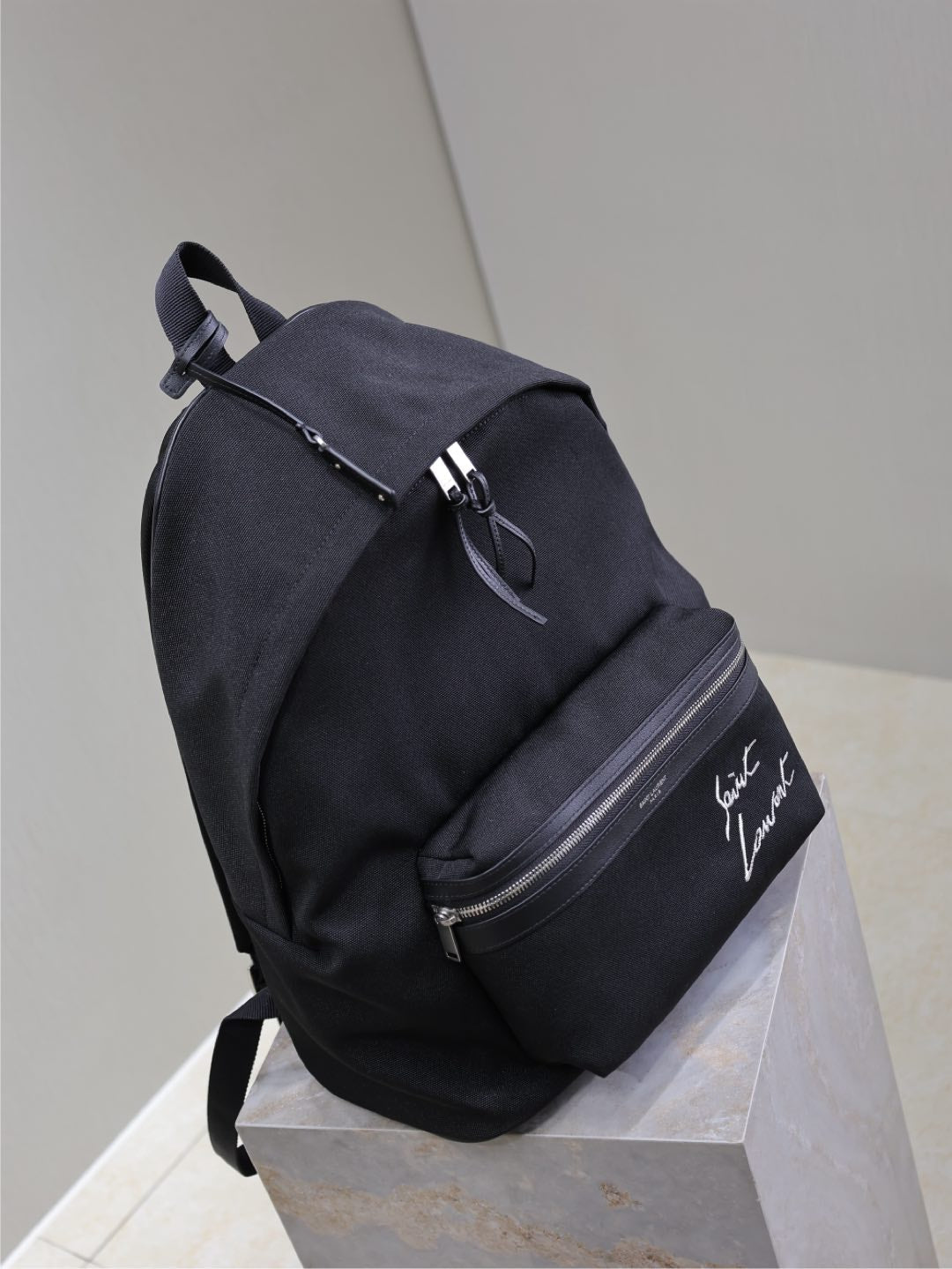 SAINT LAURENT CITY BACKPACK 38 IN BLACK CANVAS WITH WHITE EMBROIDED LOGO